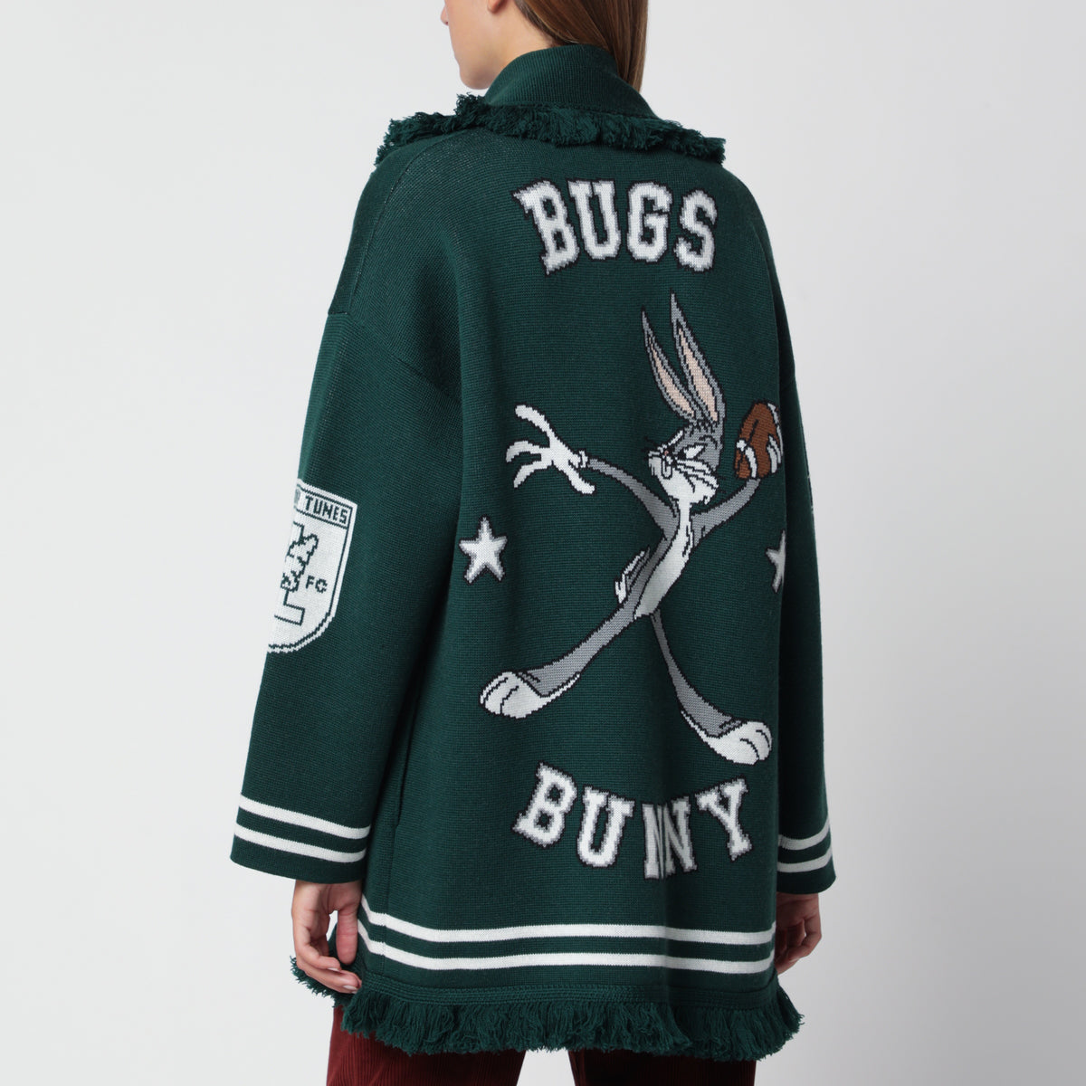 Cardigan vert forêt en laine avec Bugs Bunny et Sylvester