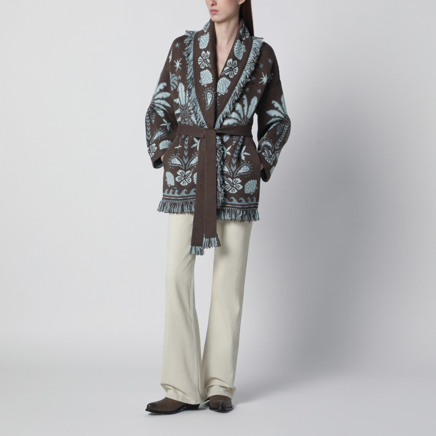 Echoes Of The Island Cardigan in Braun/Aquamarin