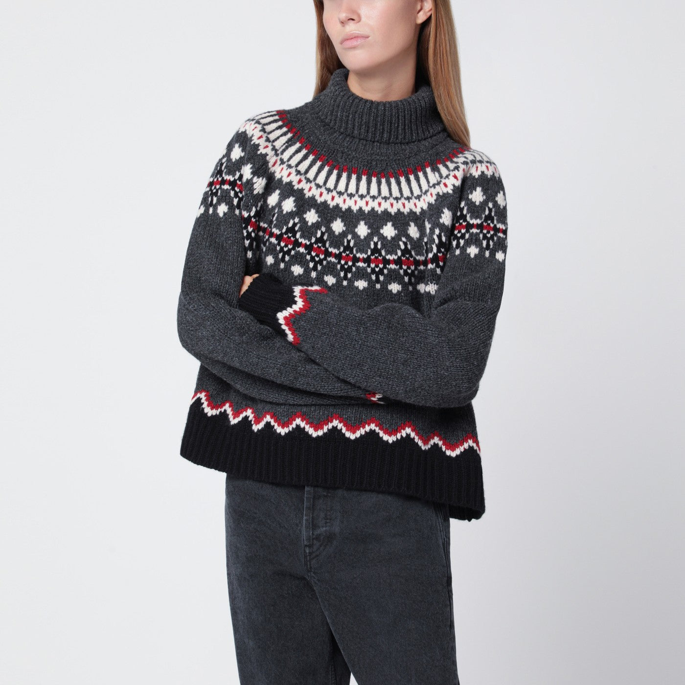 Grauer Rollkragenpullover mit Fair-Isle-Muster