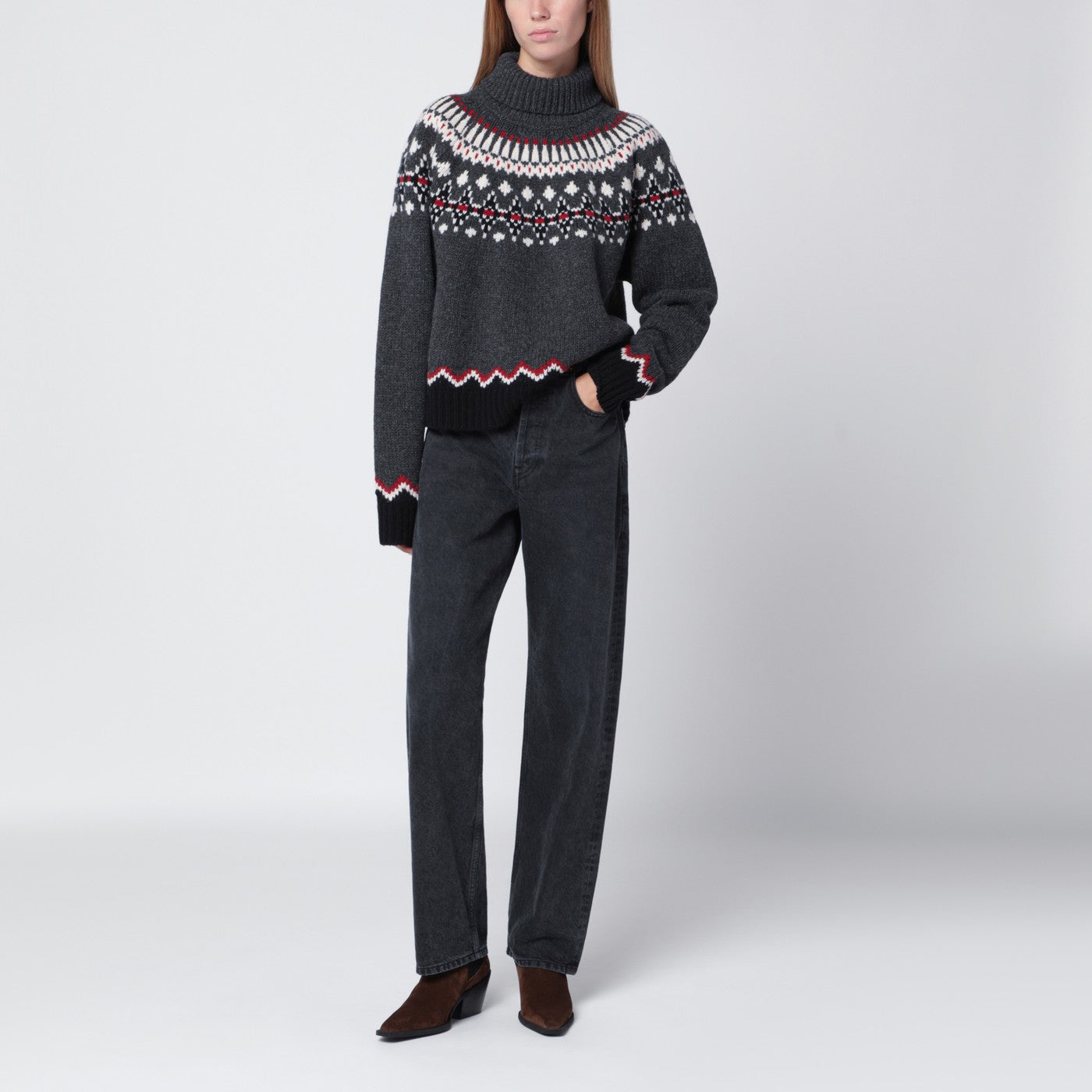 Grauer Rollkragenpullover mit Fair-Isle-Muster