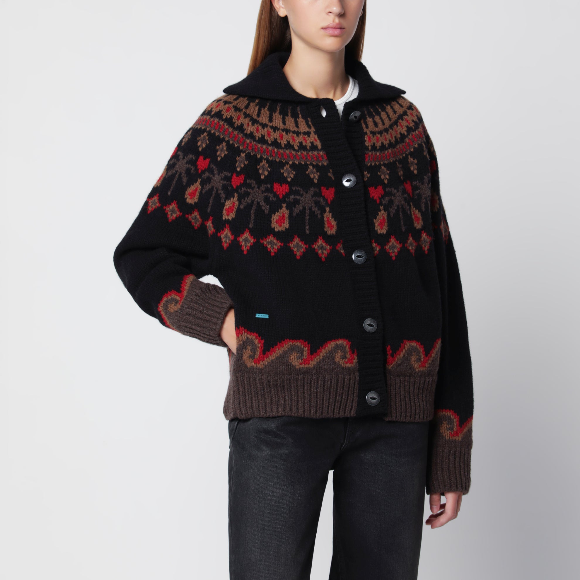 Schwarzer Jacquard-Cardigan aus Wolle