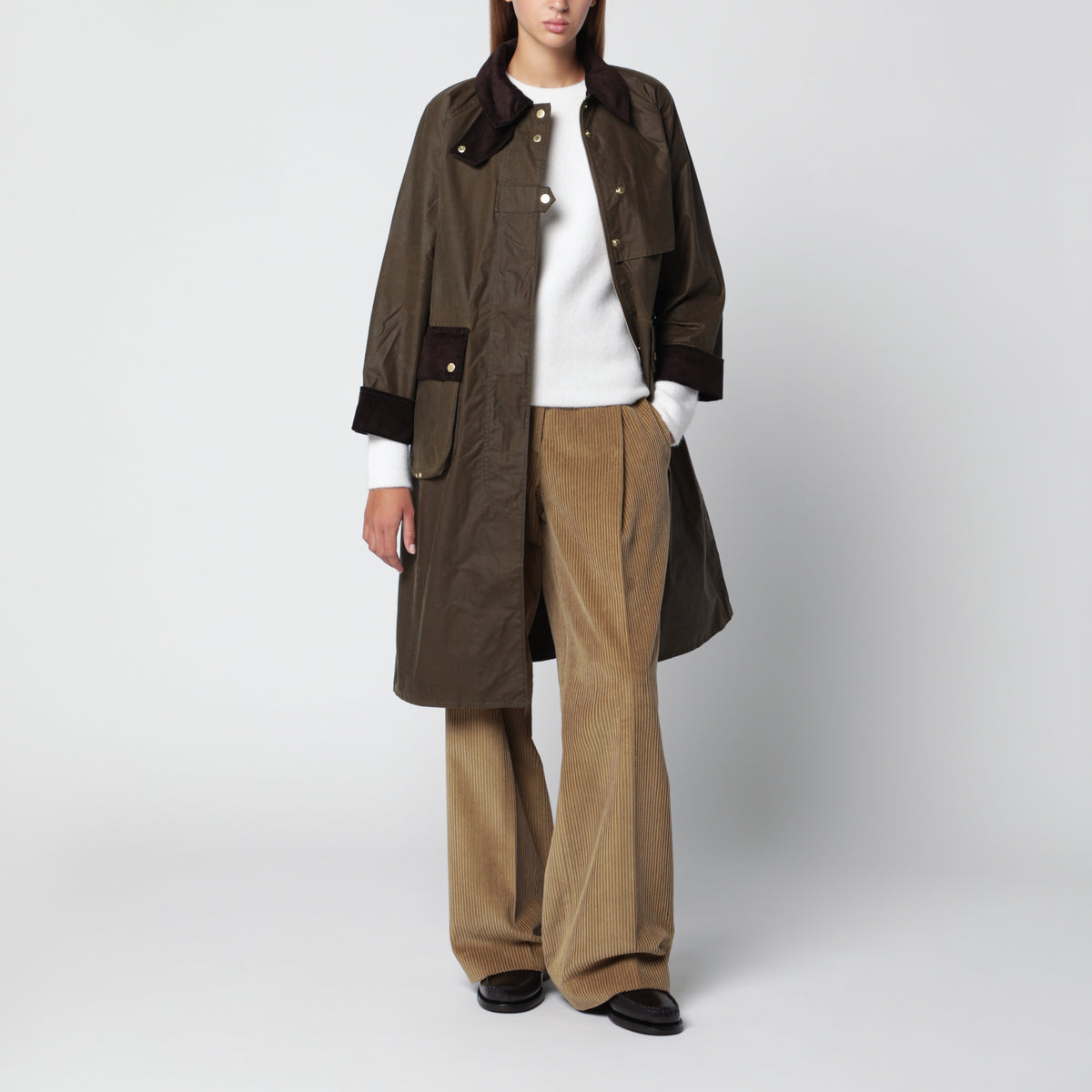 Long waxed cotton jacket, Olive Green