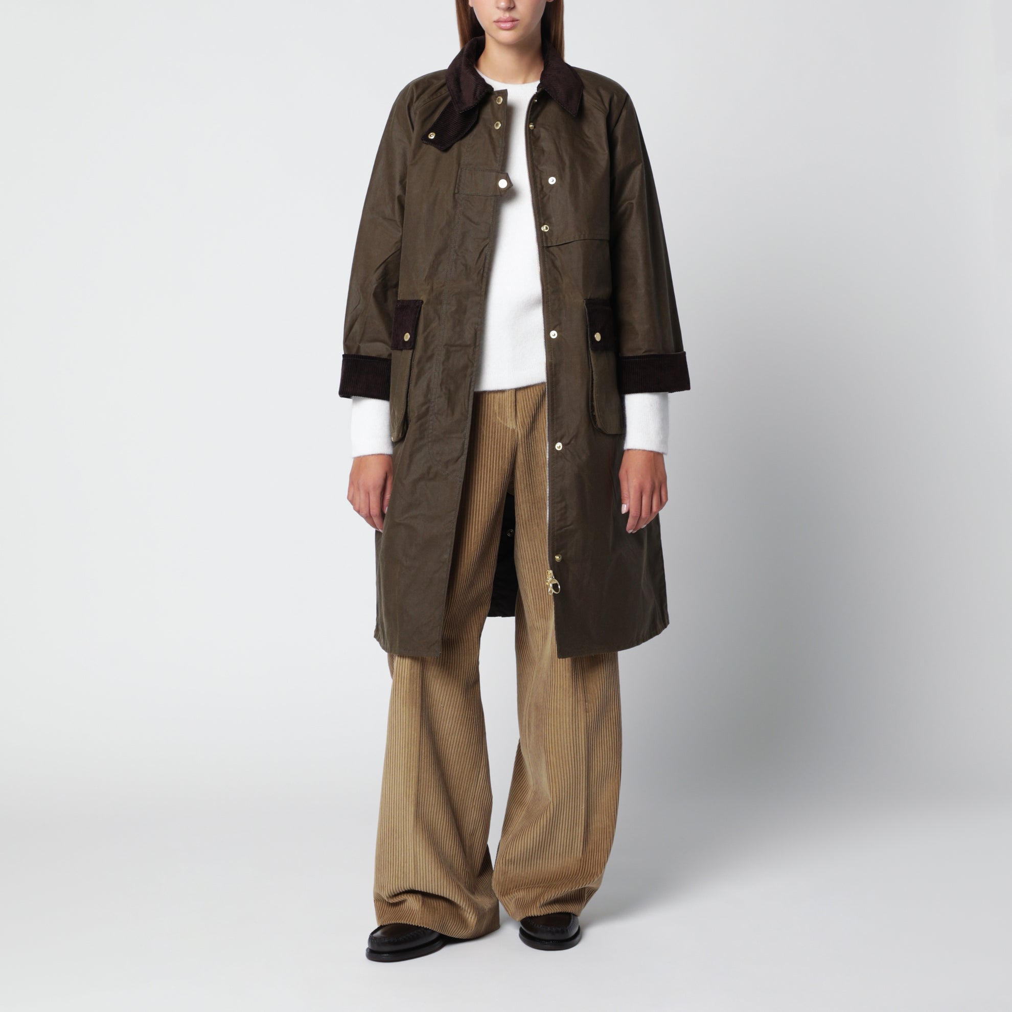 Long waxed cotton jacket, Olive Green