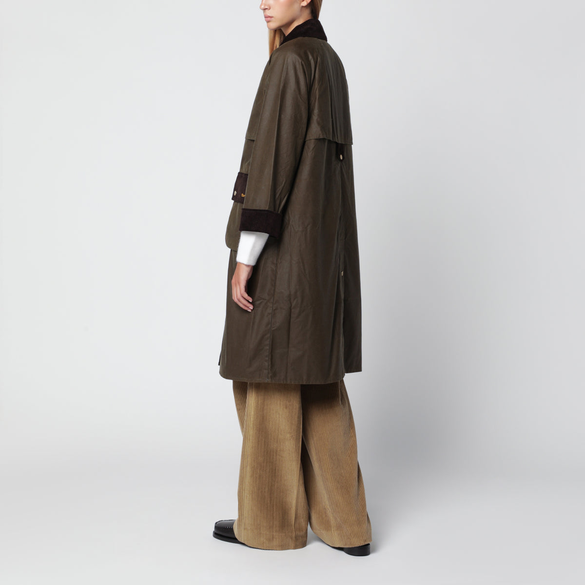 Long waxed cotton jacket, Olive Green