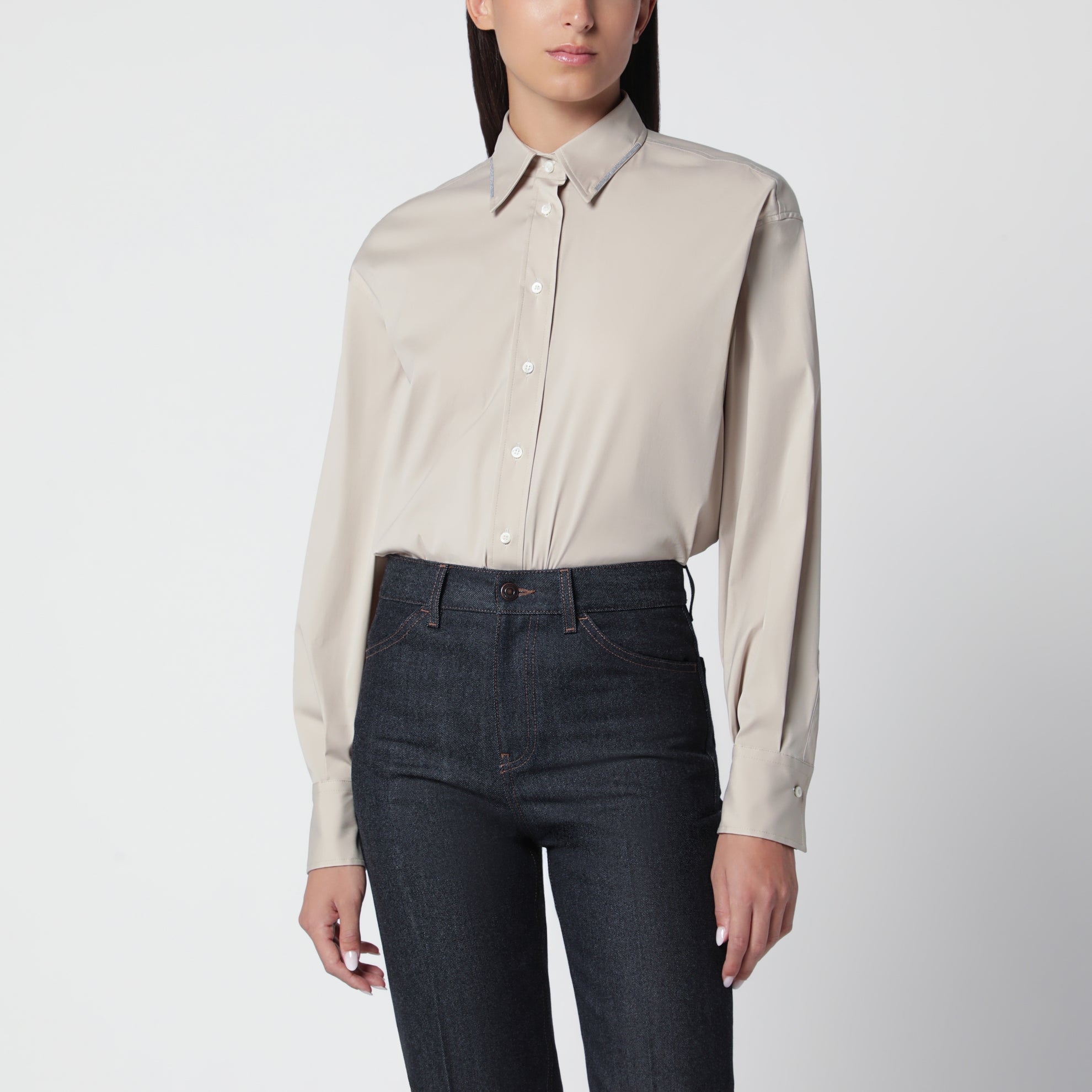 Camicia Monili Trim beige in cotone stretch