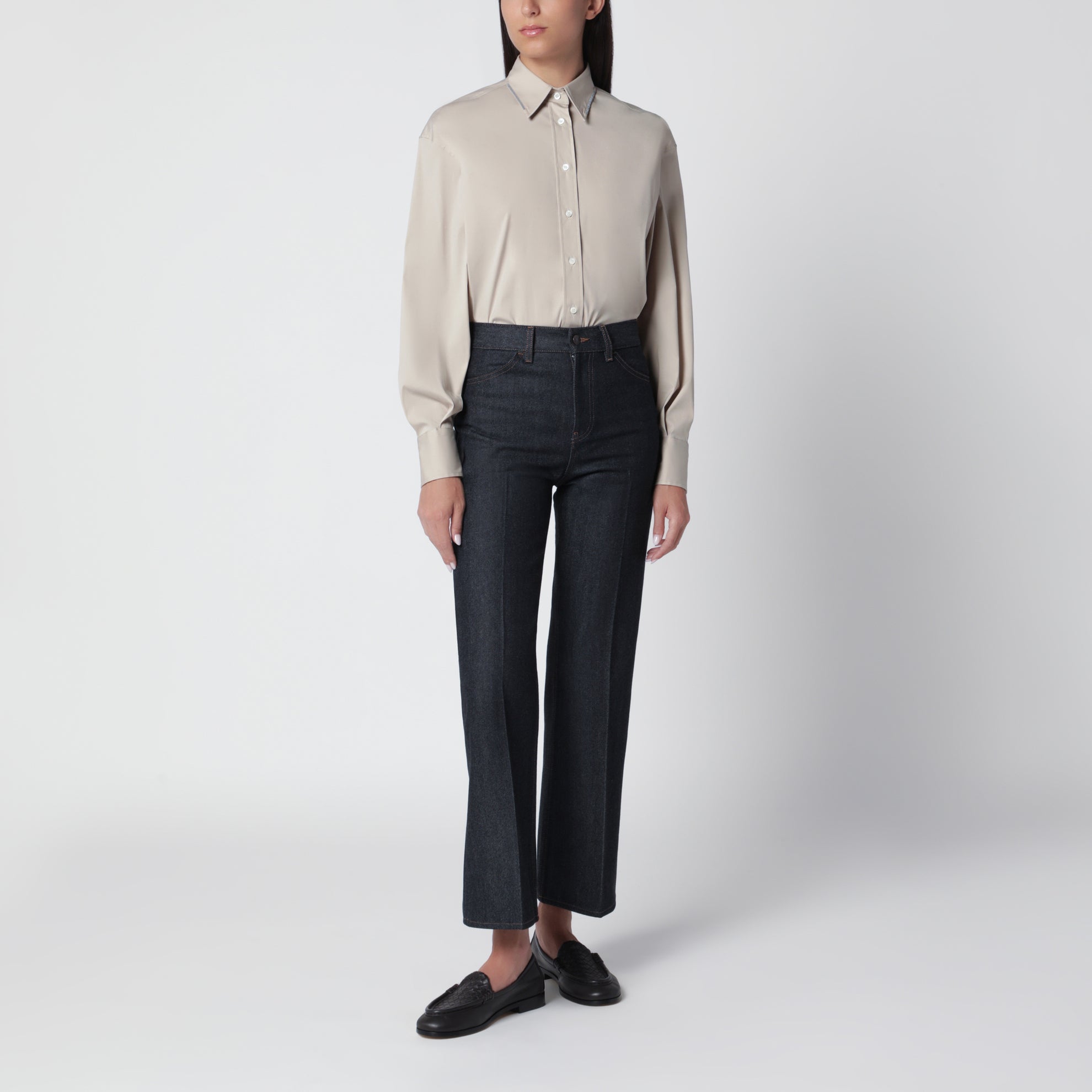 Camicia Monili Trim beige in cotone stretch