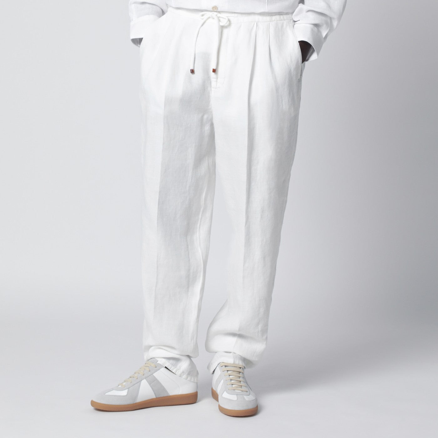 White linen drawstring trousers