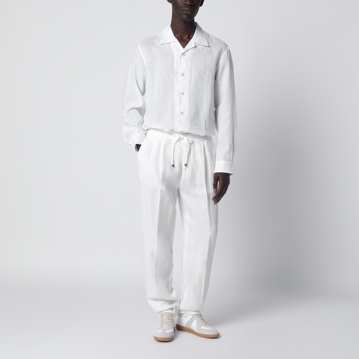 White linen drawstring trousers