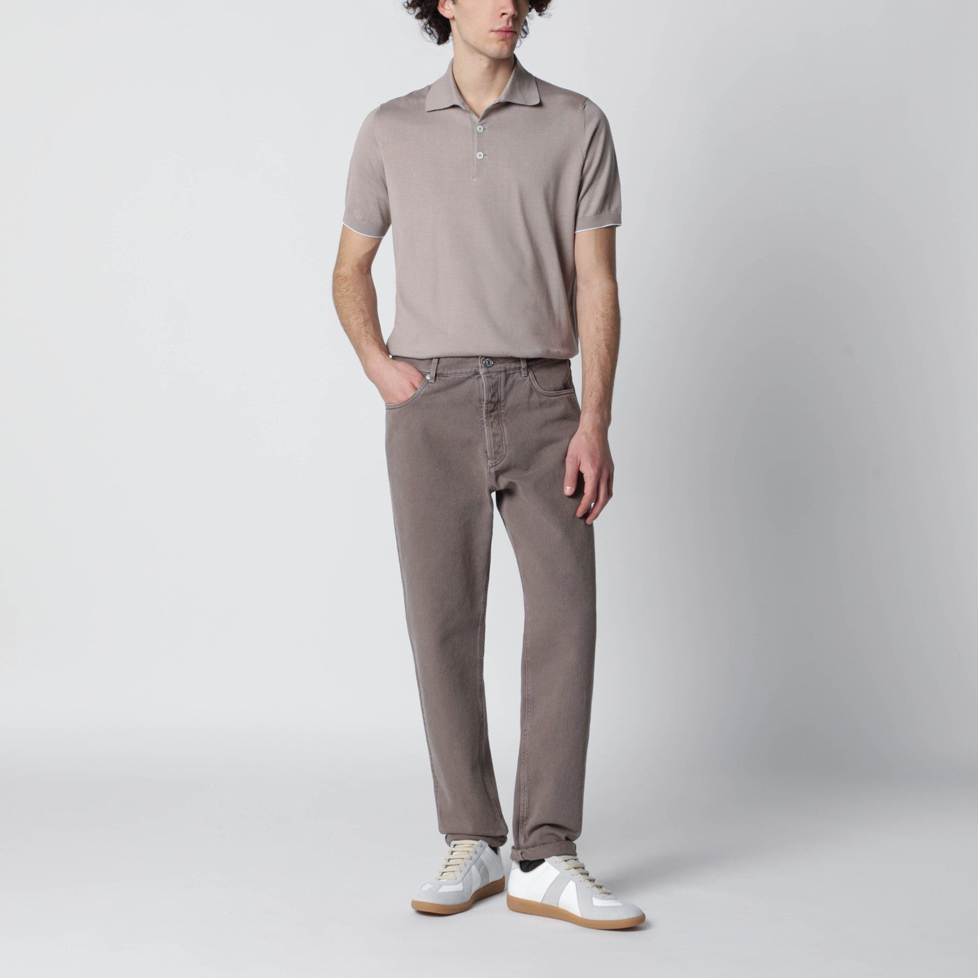 Light brown cotton knit polo shirt