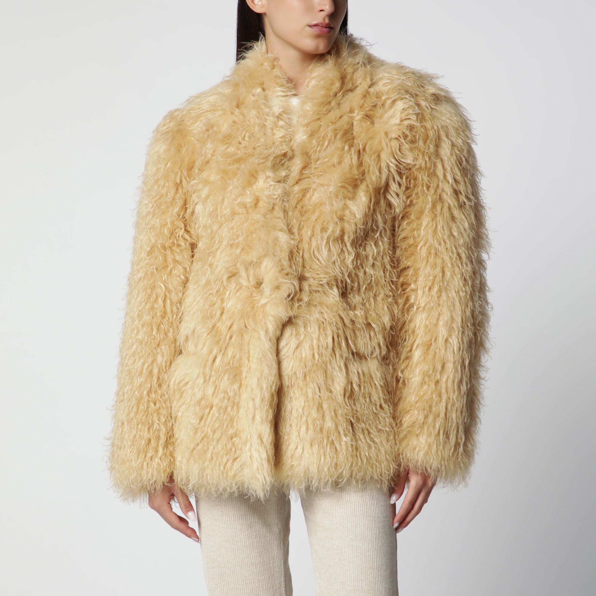 Pale yellow long-haired faux fur coat