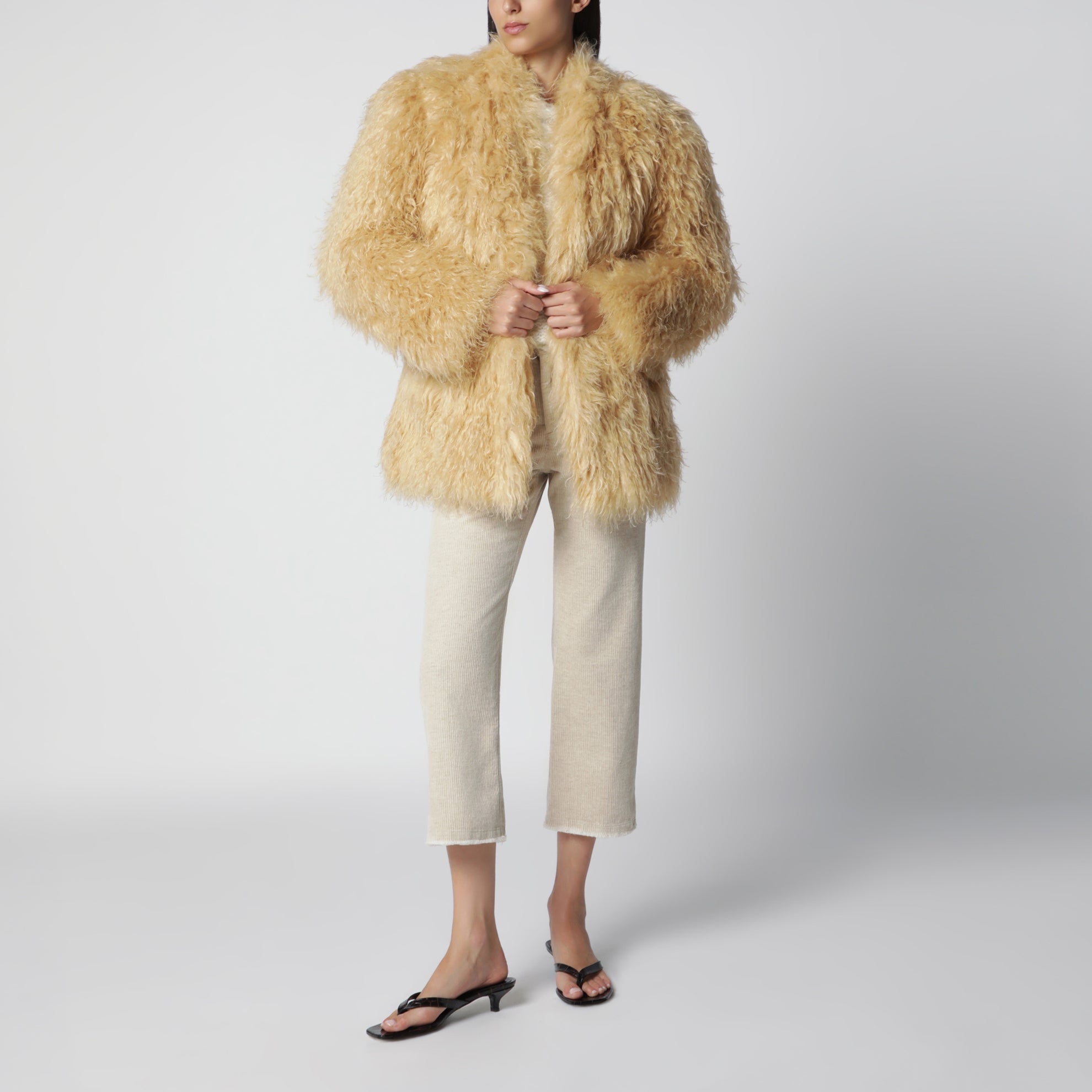 Pale yellow long-haired faux fur coat