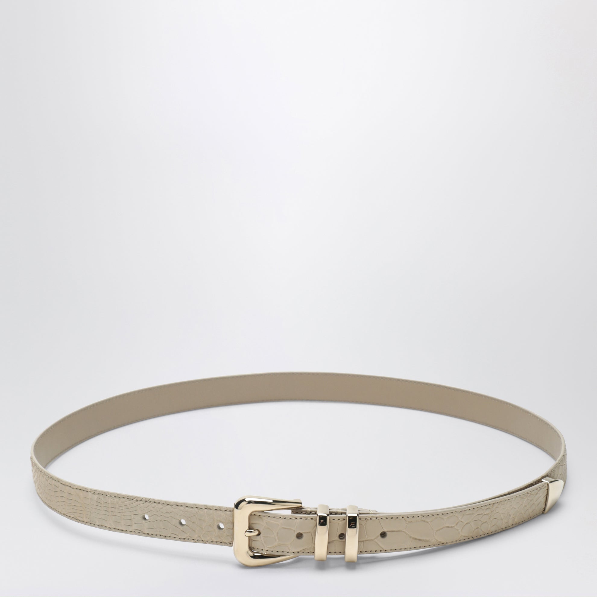 Beige alligator leather belt with silver buckle