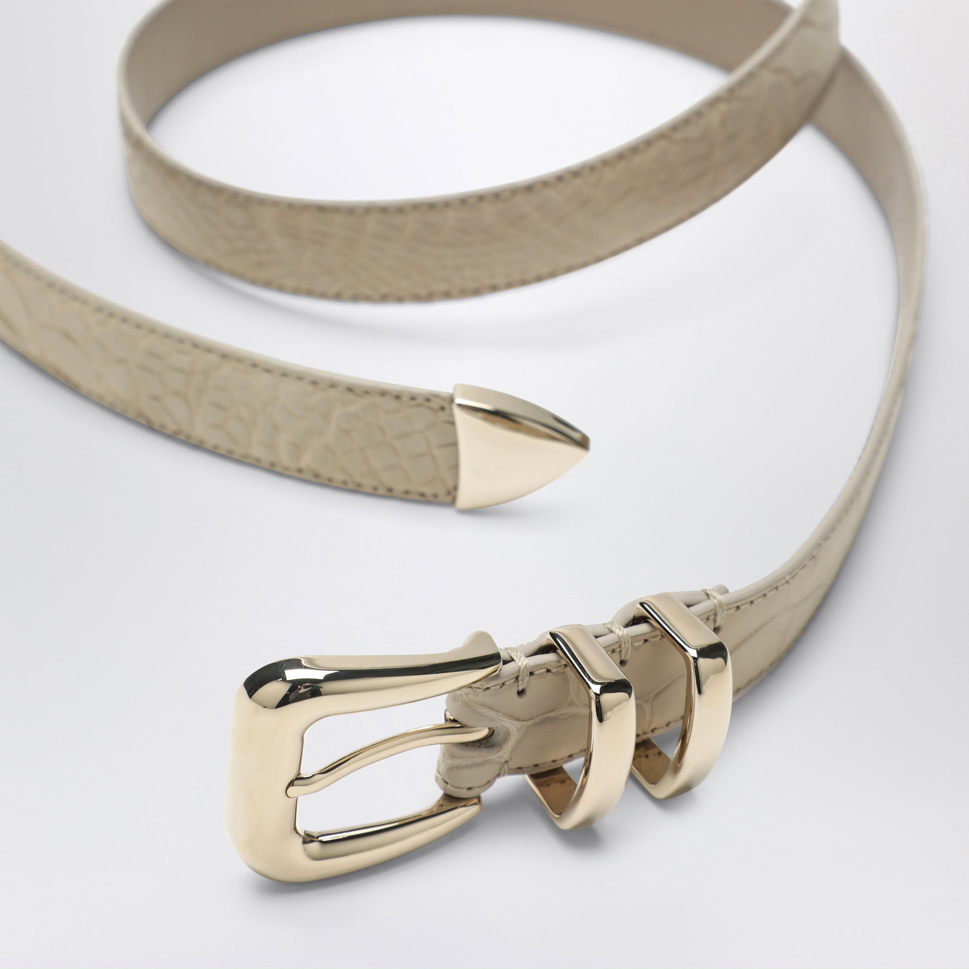 Beige alligator leather belt with silver buckle