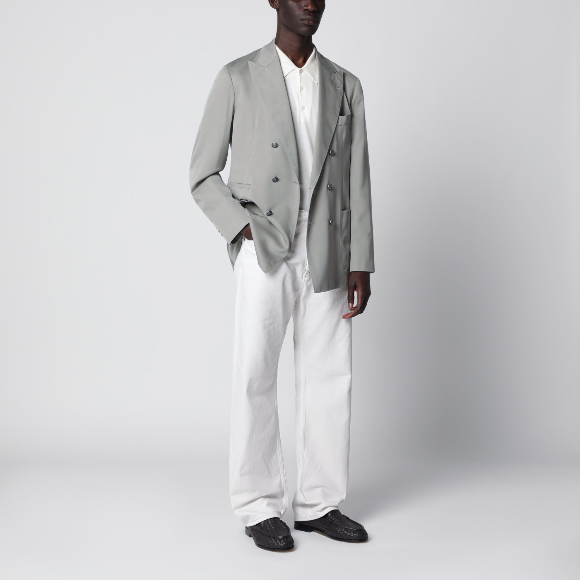 Giacca doppiopetto in seta color Khaki