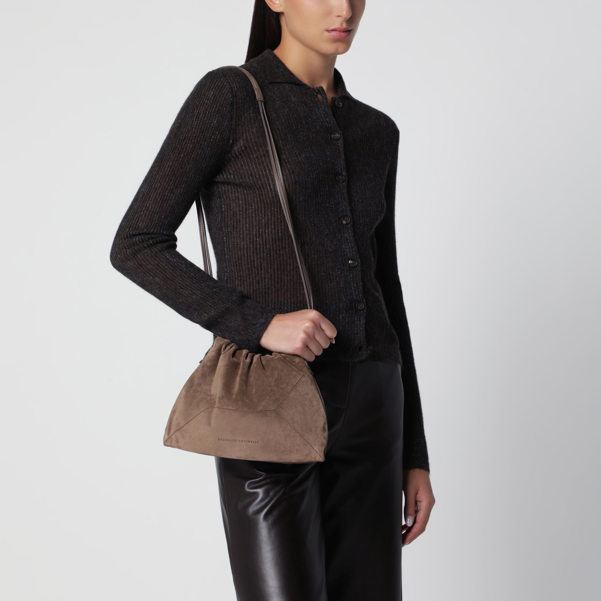 Borsa BC Duo Pouch grigio verde in suede con monile