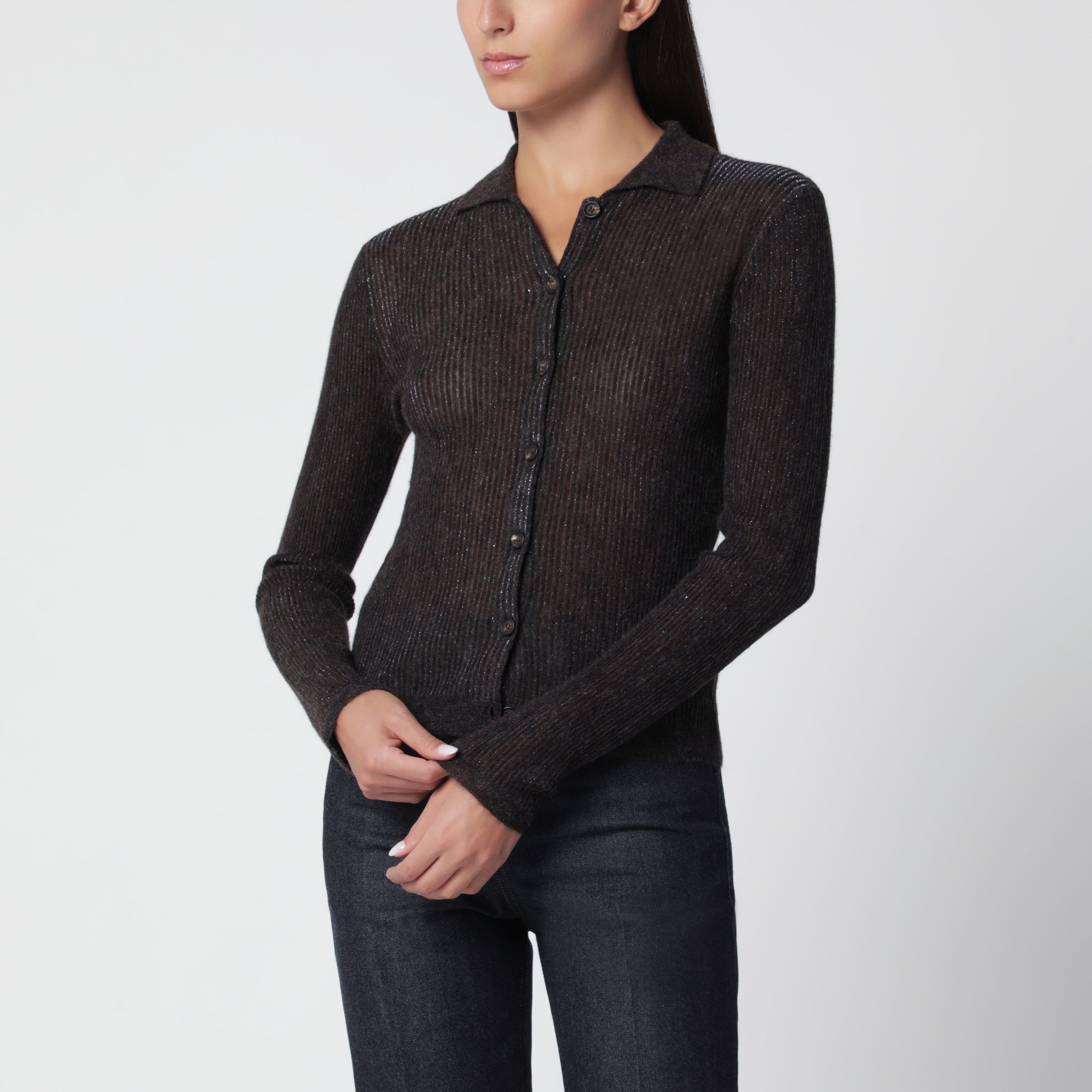 Gerippte Strickjacke Caffè aus Seide und Alpaka