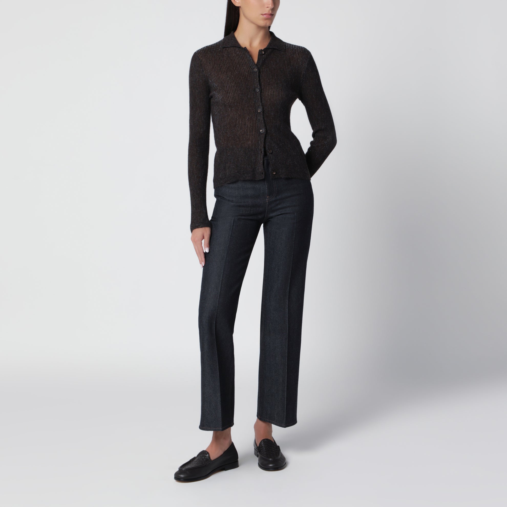 Gerippte Strickjacke Caffè aus Seide und Alpaka