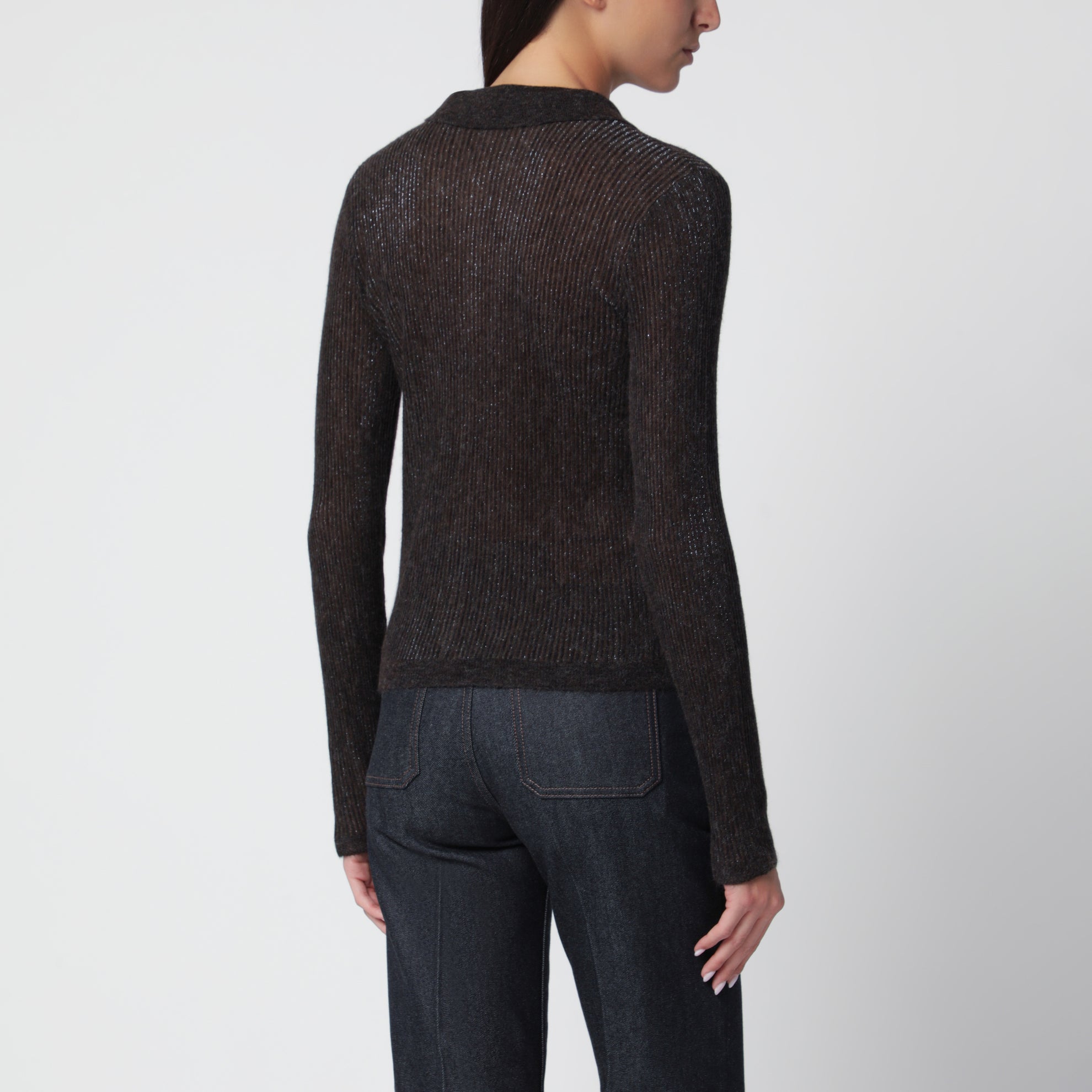 Gerippte Strickjacke Caffè aus Seide und Alpaka