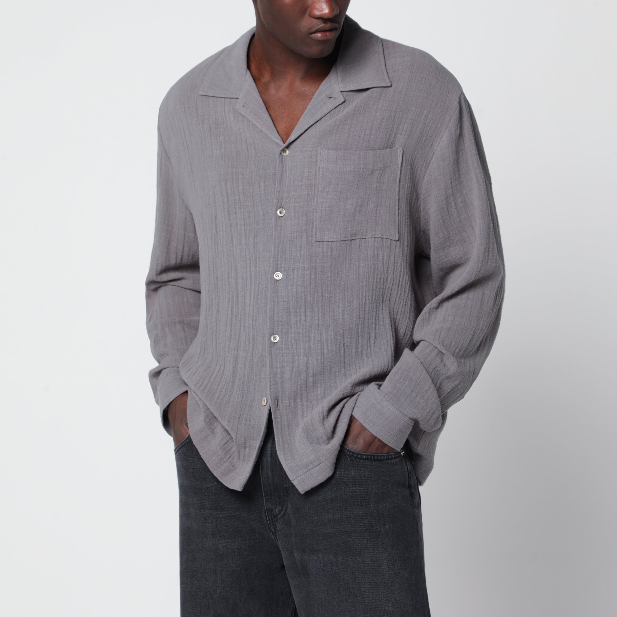 Grey crinkled-effect cotton shirt