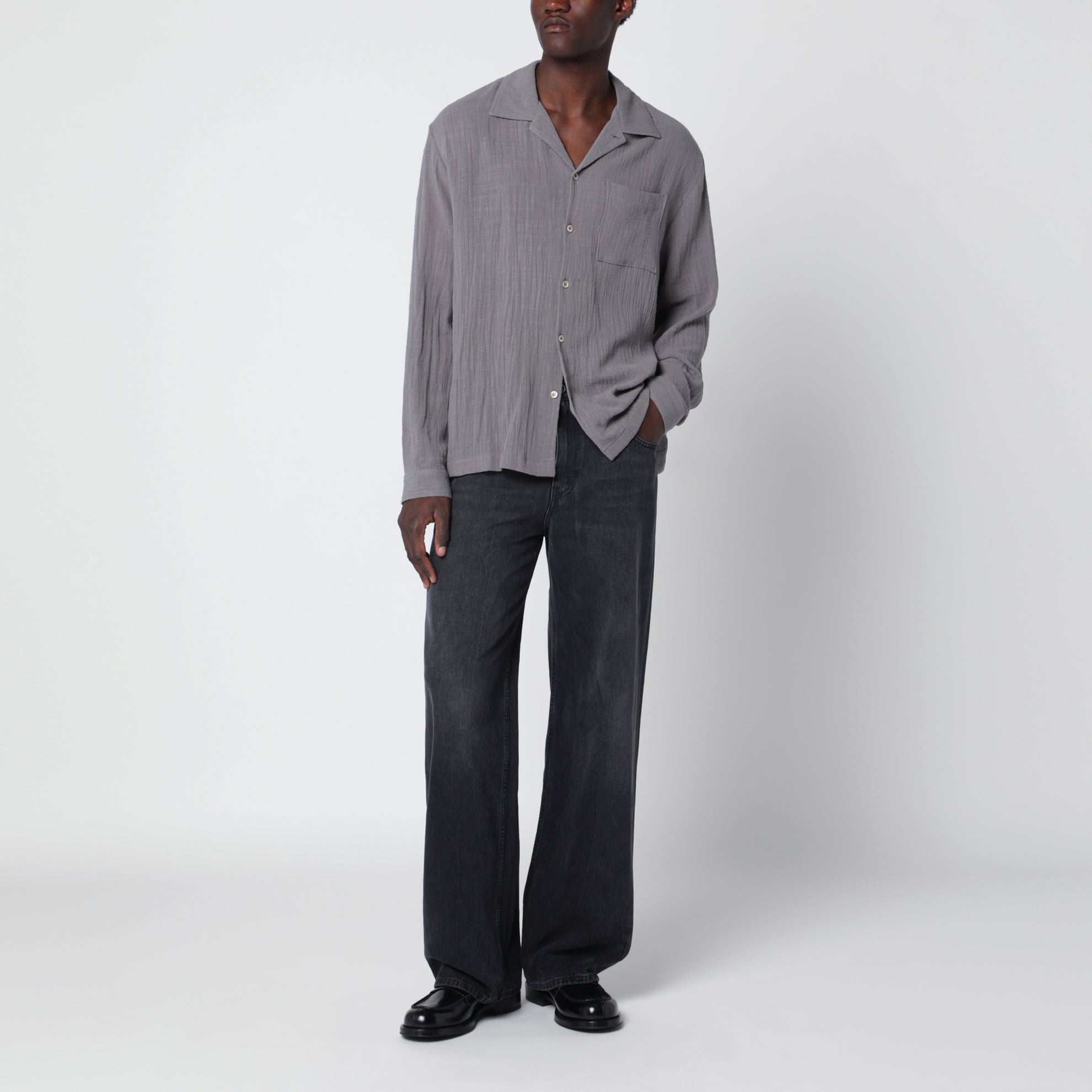 Grey crinkled-effect cotton shirt