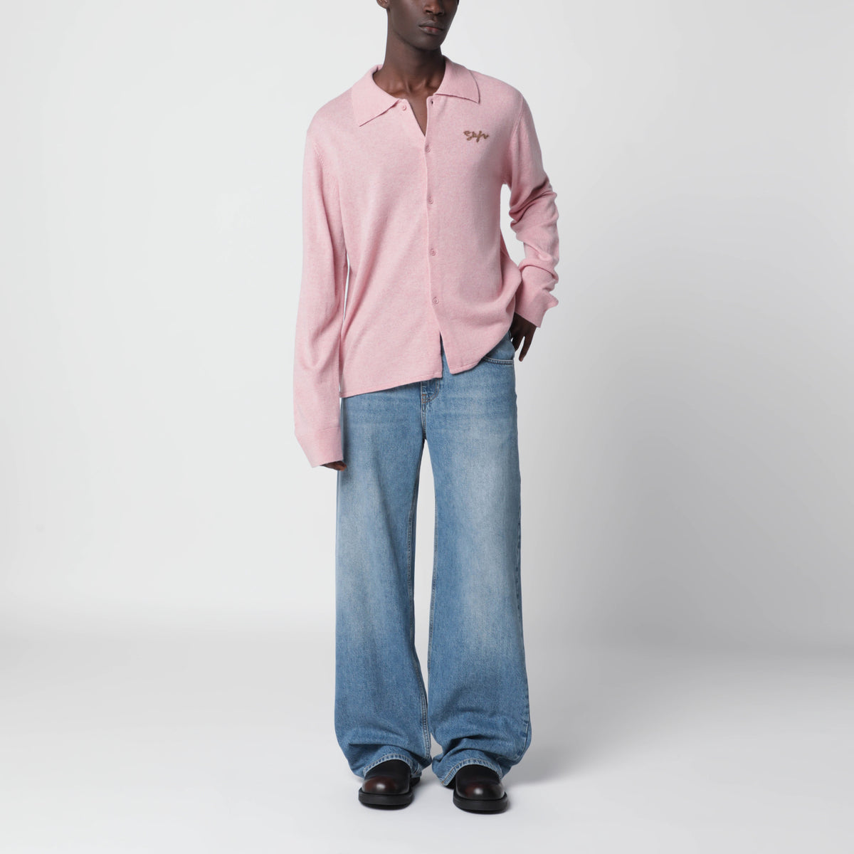 Cardigan camicia rosa in misto lana