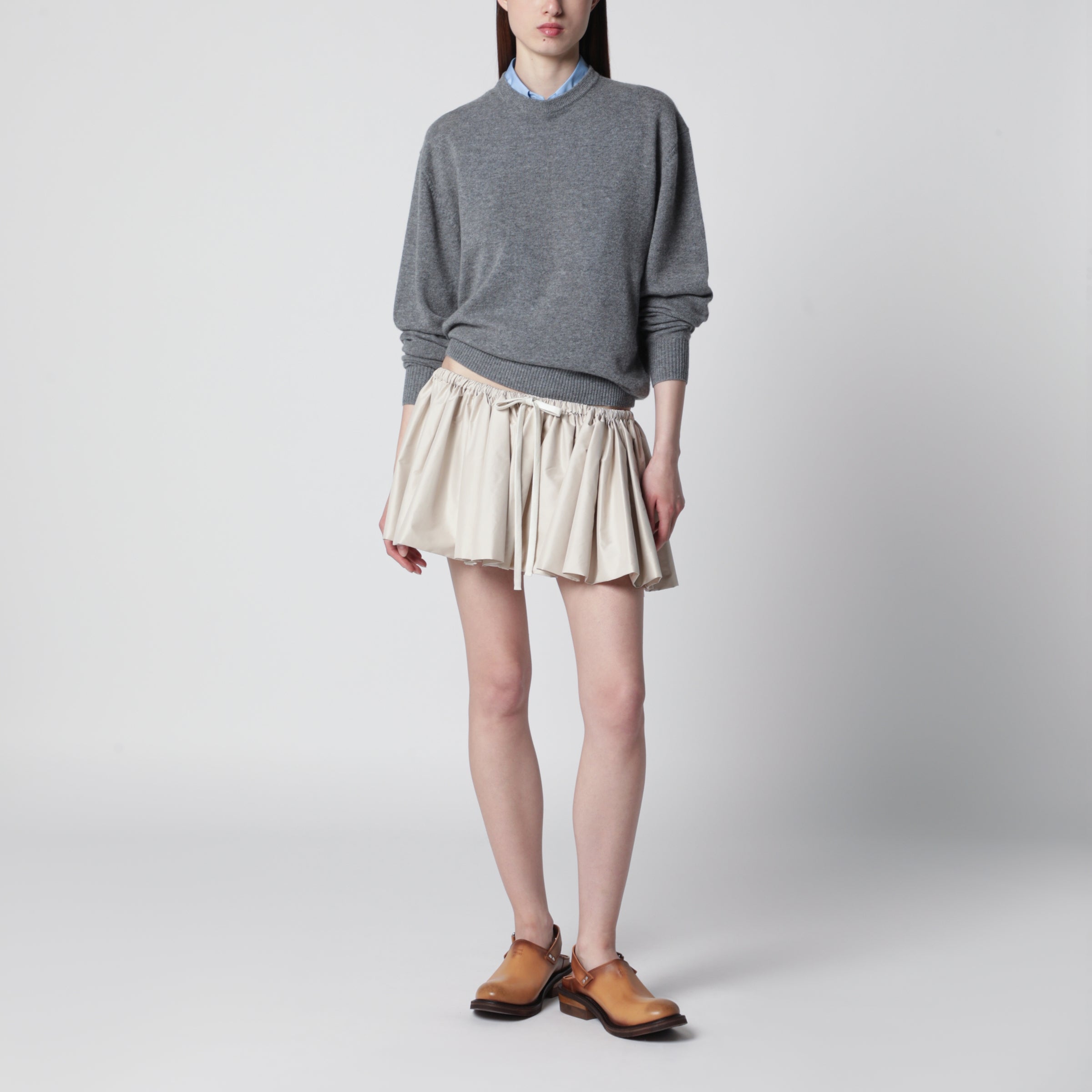 Miu Miu Pongé tech mini skirt in recycled polyester, opal | TheDoubleF