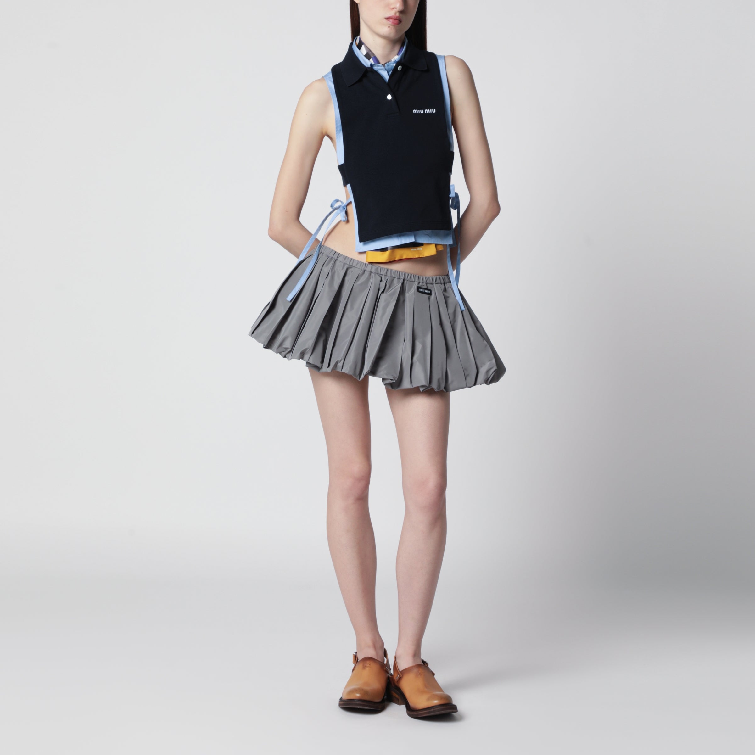 Miu Miu Pleated balloon Tec canvas miniskirt in lead grey | TheDoubleF