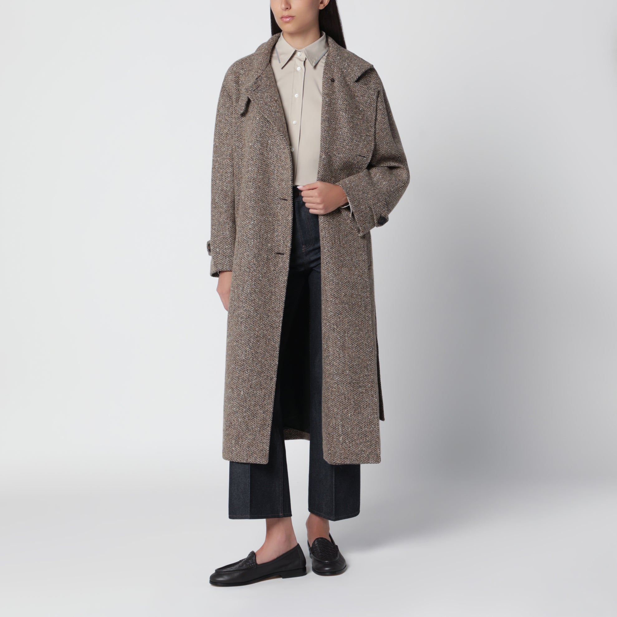 Sparkling camel and black virgin wool coat