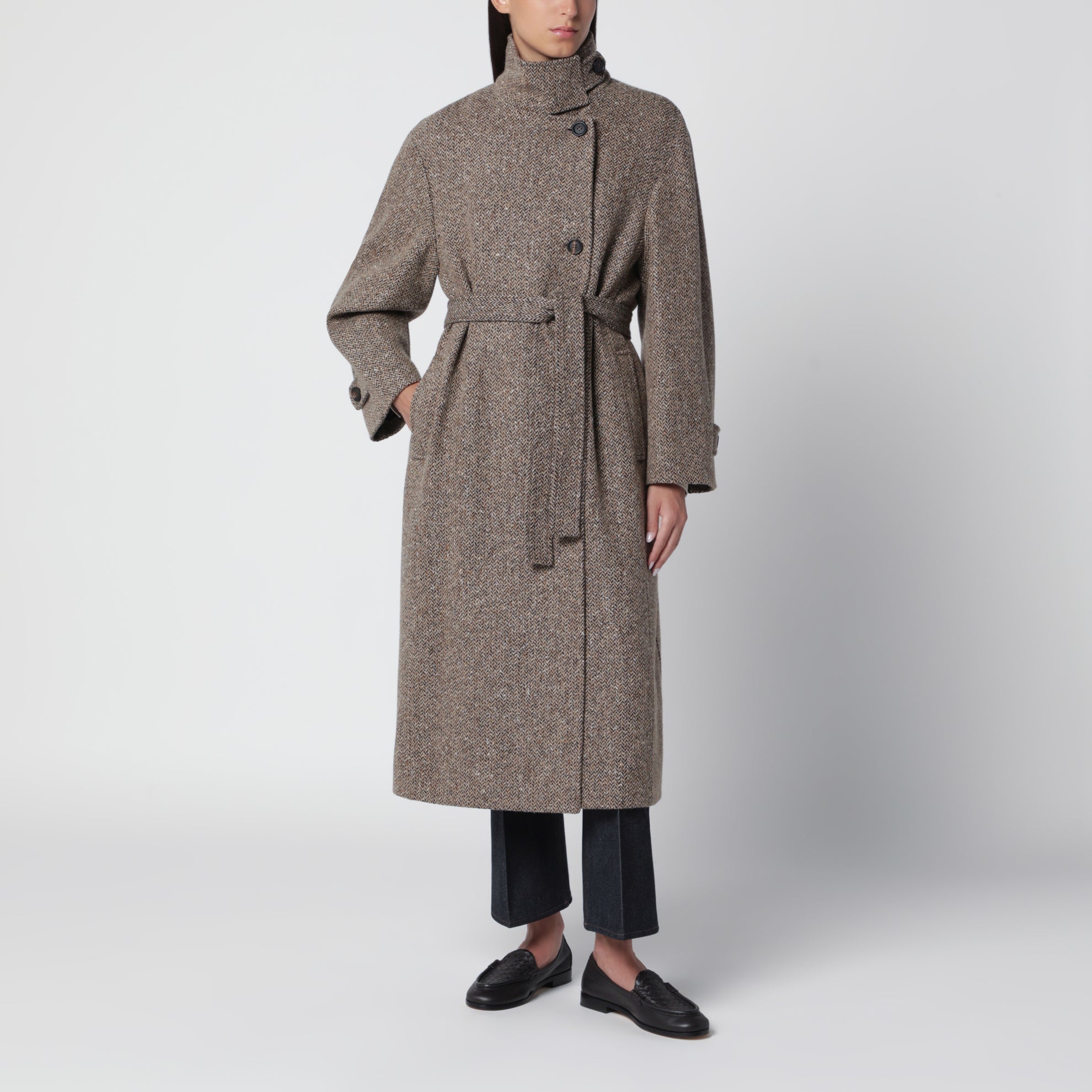 Sparkling camel and black virgin wool coat