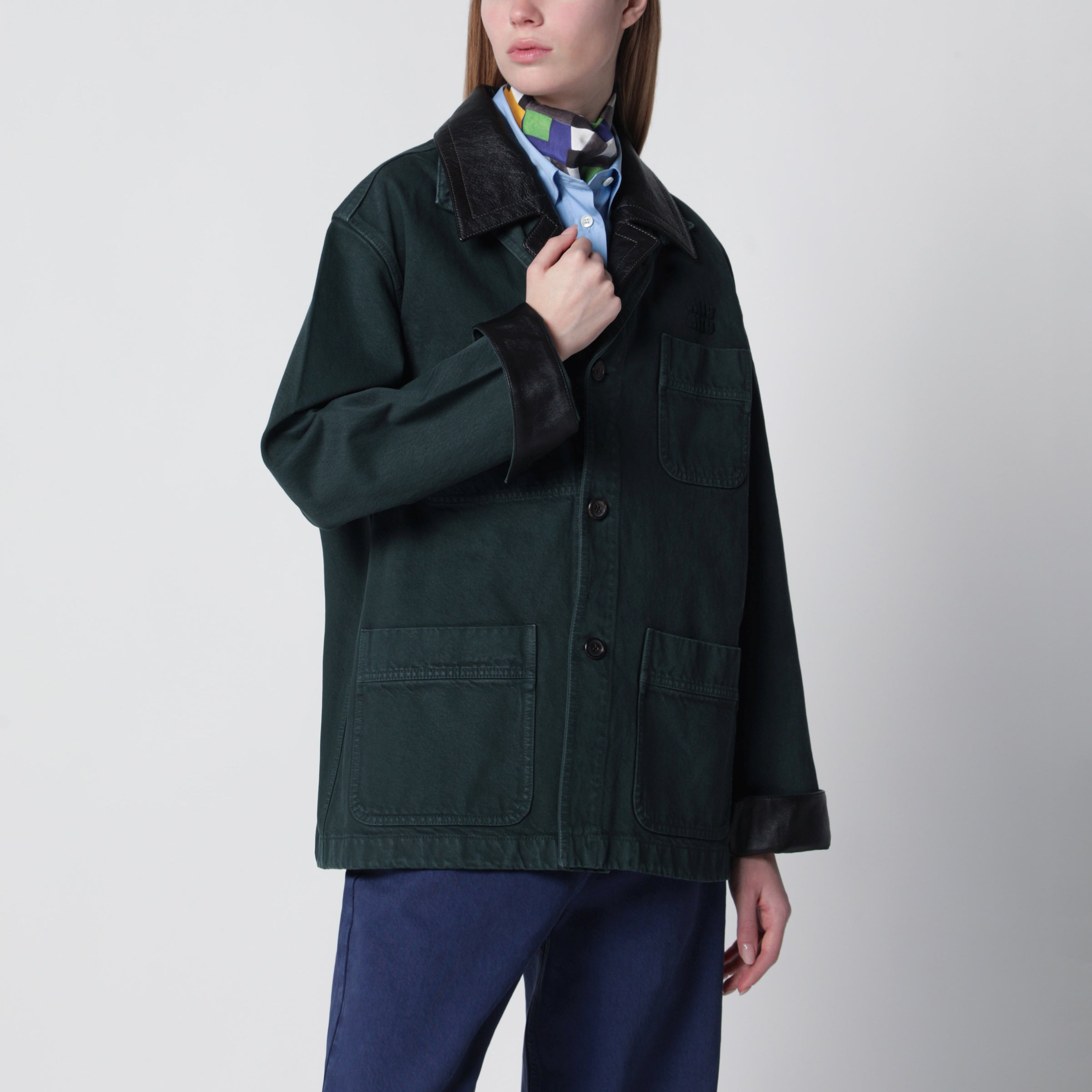 Miu Miu Bottle green gabardine and leather jacket | TheDoubleF