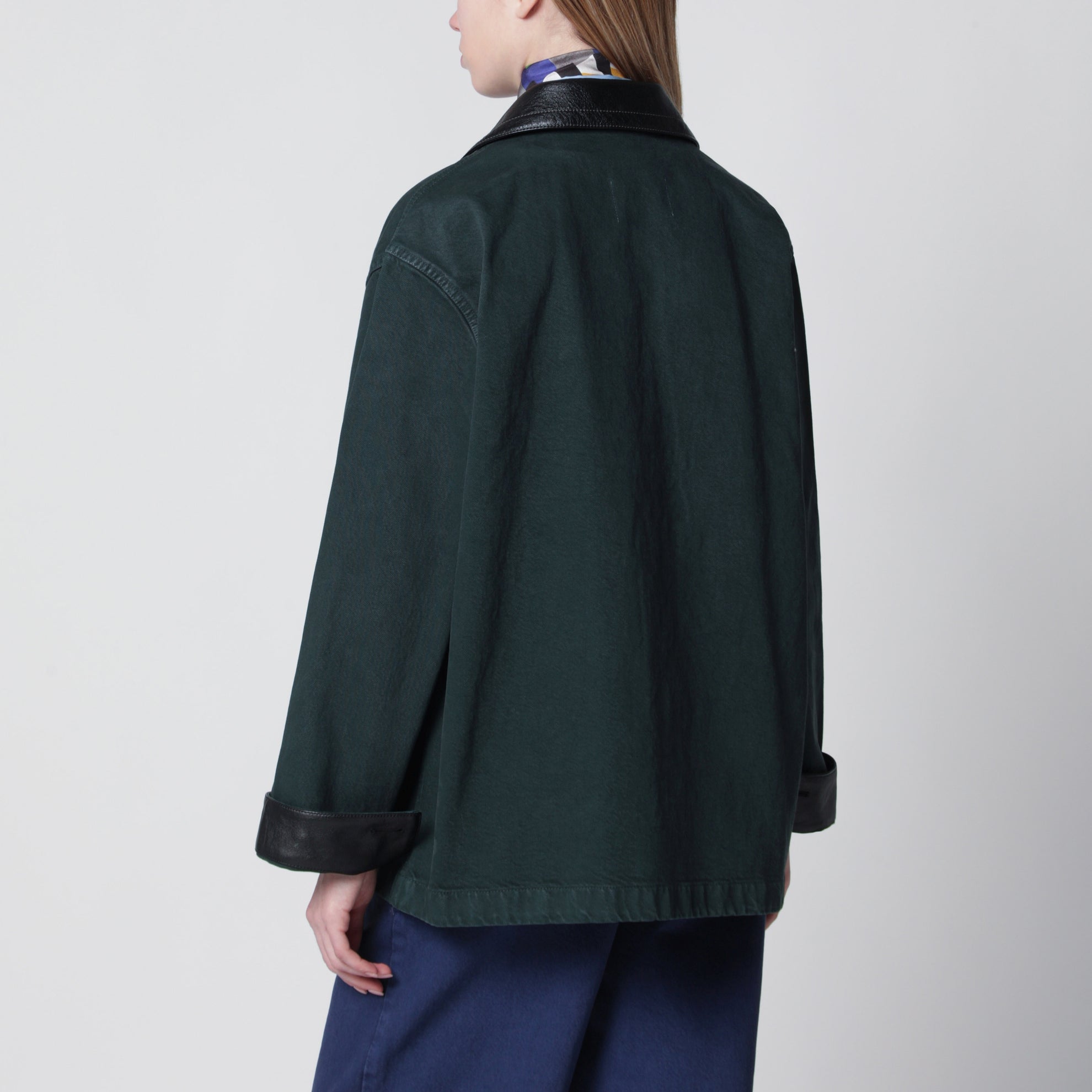 Bottle green gabardine and leather jacket