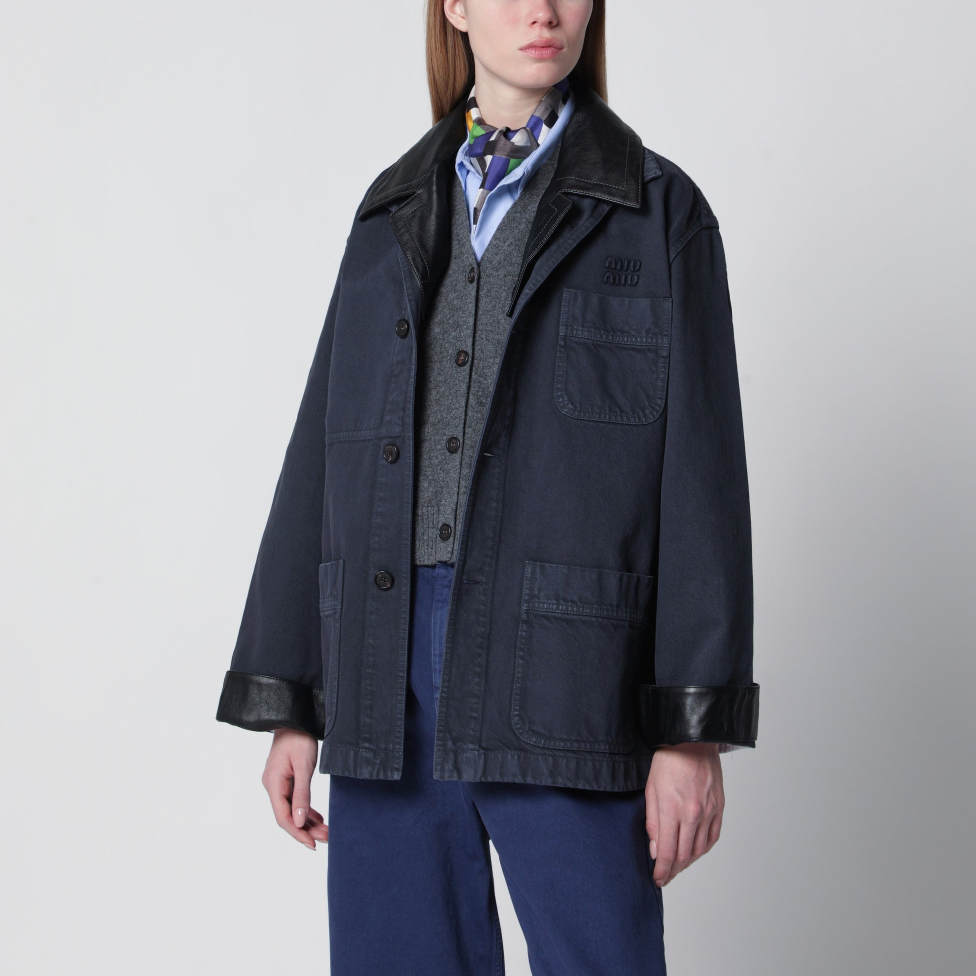 Veste hématite en gabardine et cuir