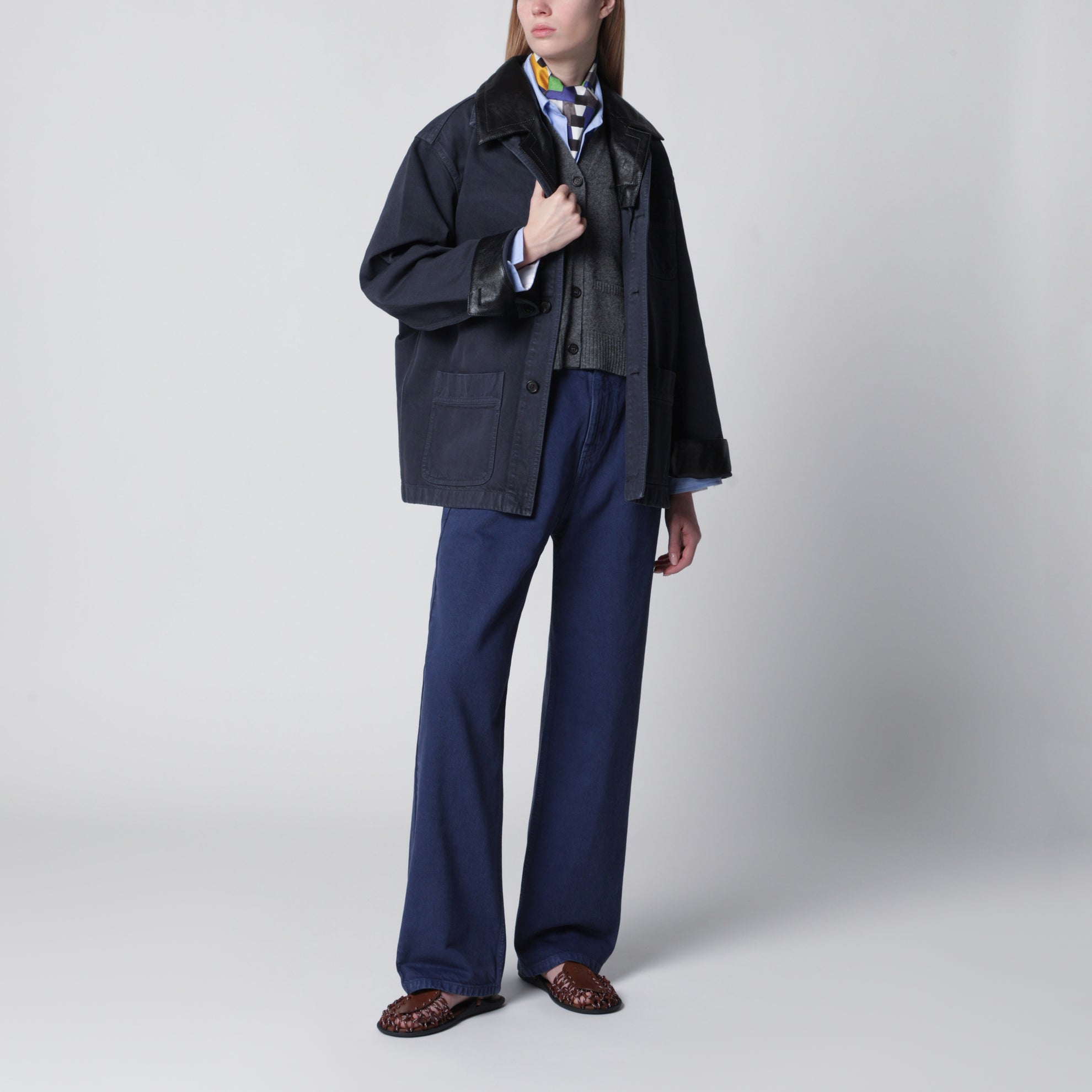 Veste hématite en gabardine et cuir