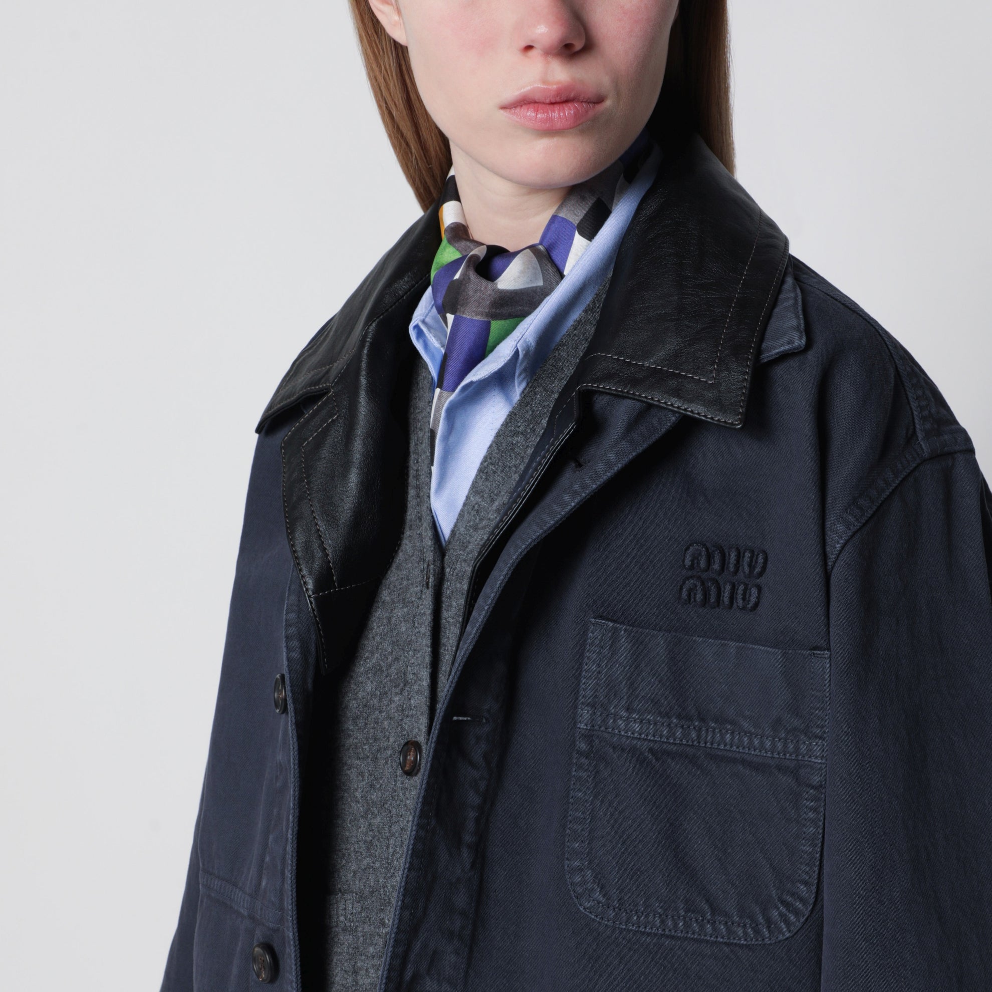 Veste hématite en gabardine et cuir