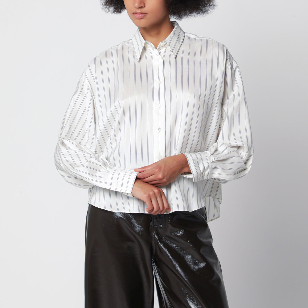 White and black striped silk shirt