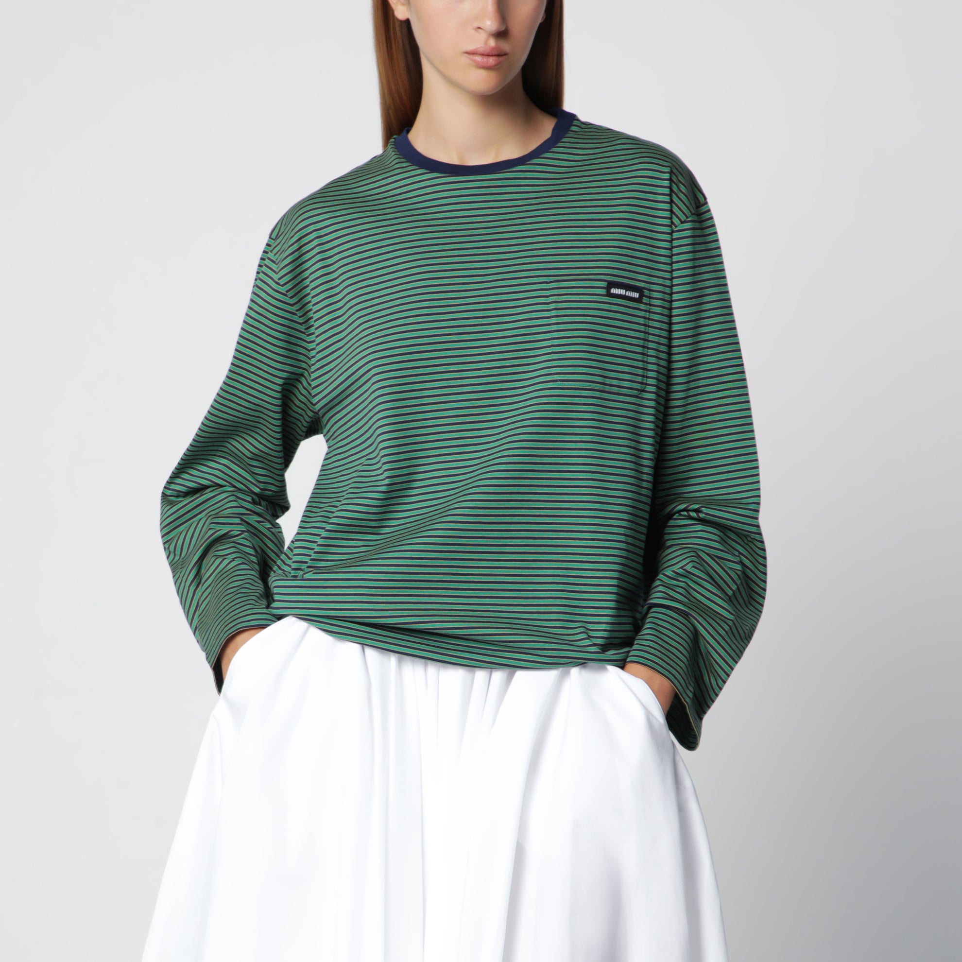 Maglia a righe blu navy/verde in cotone