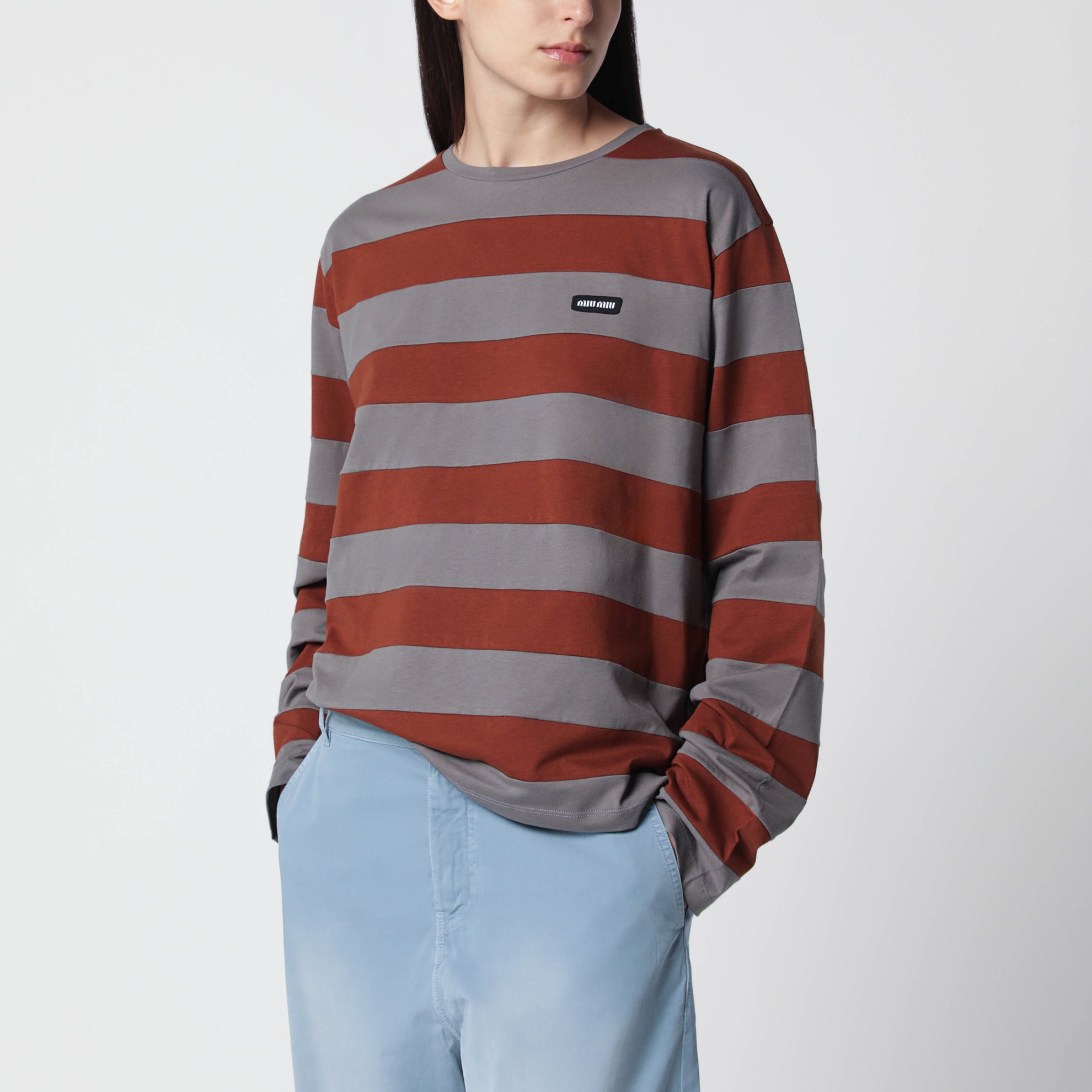 T-shirt rayé en jersey de coton Fer/Tabac