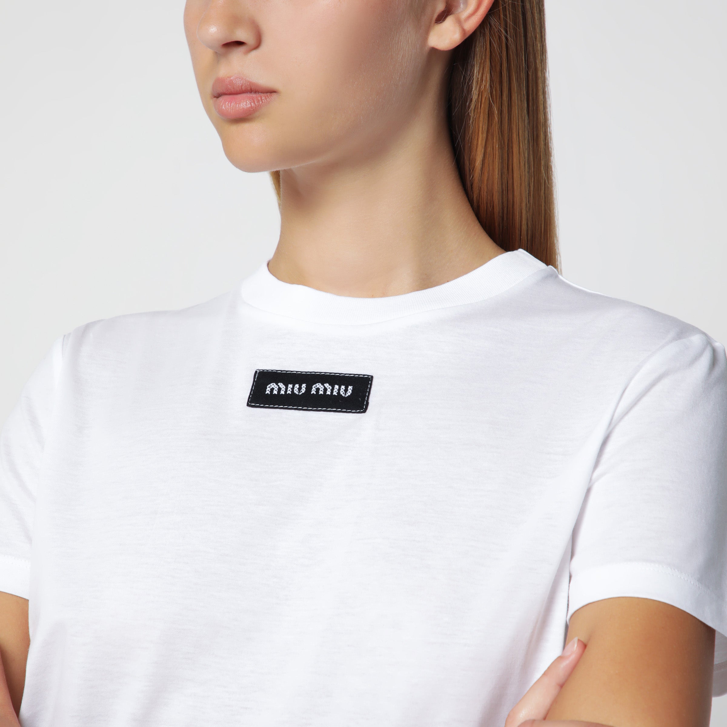 Miu Miu White Jersey T-Shirt with Logo | TheDoubleF
