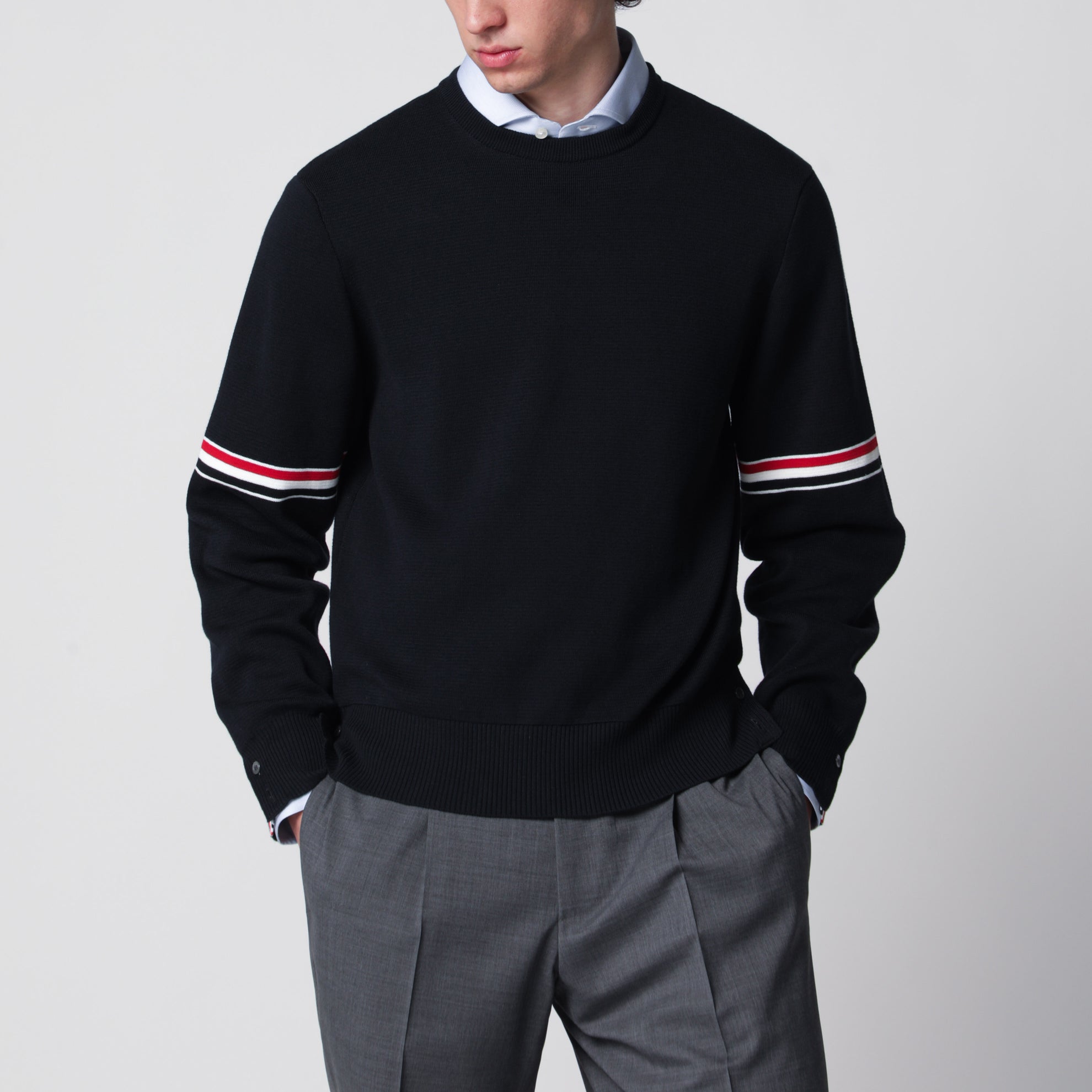 Navy blue cotton sweater with tricolor details