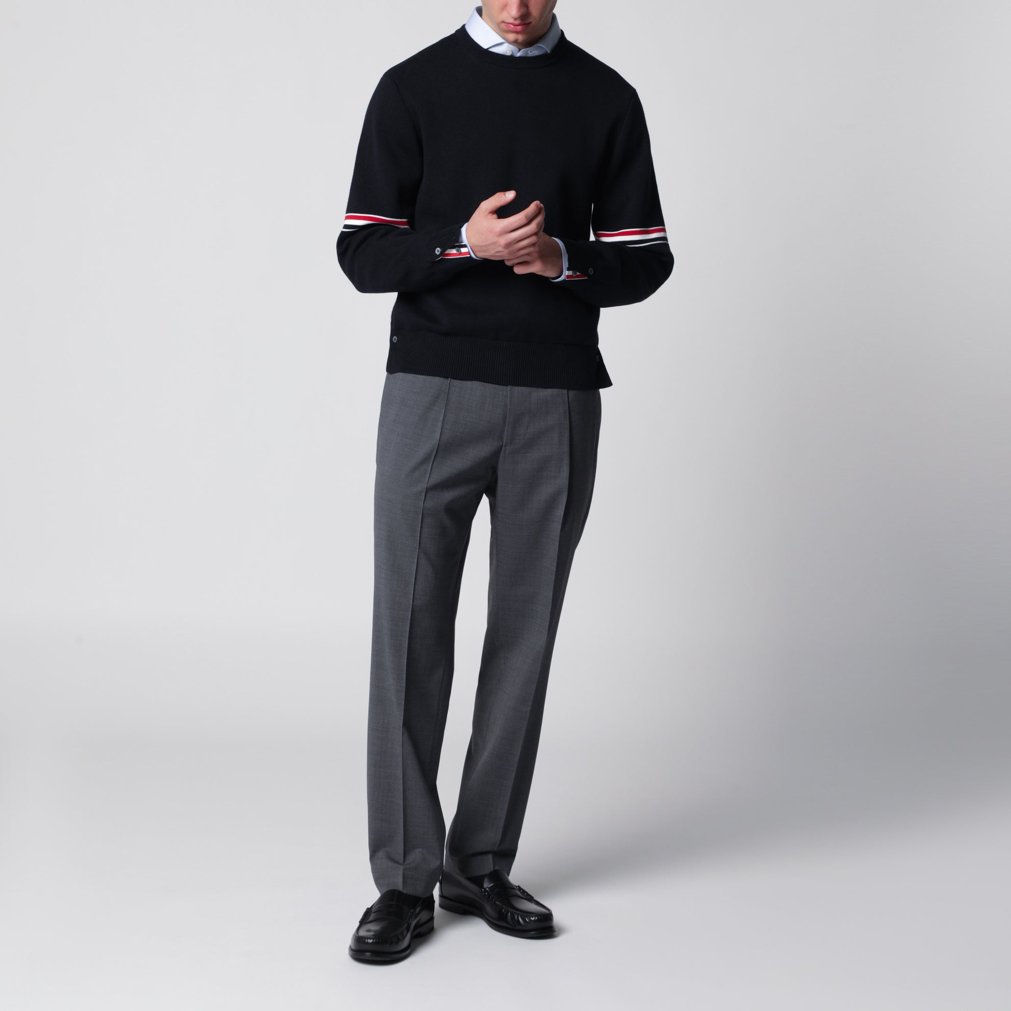 Navy blue cotton sweater with tricolor details