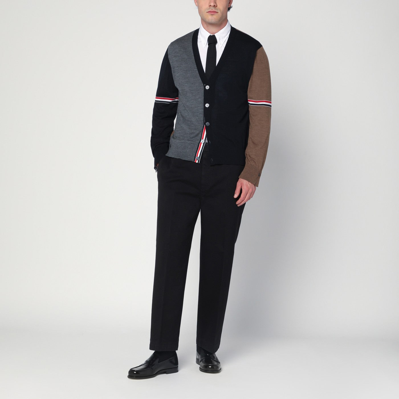 Navy/grey/brown wool cardigan