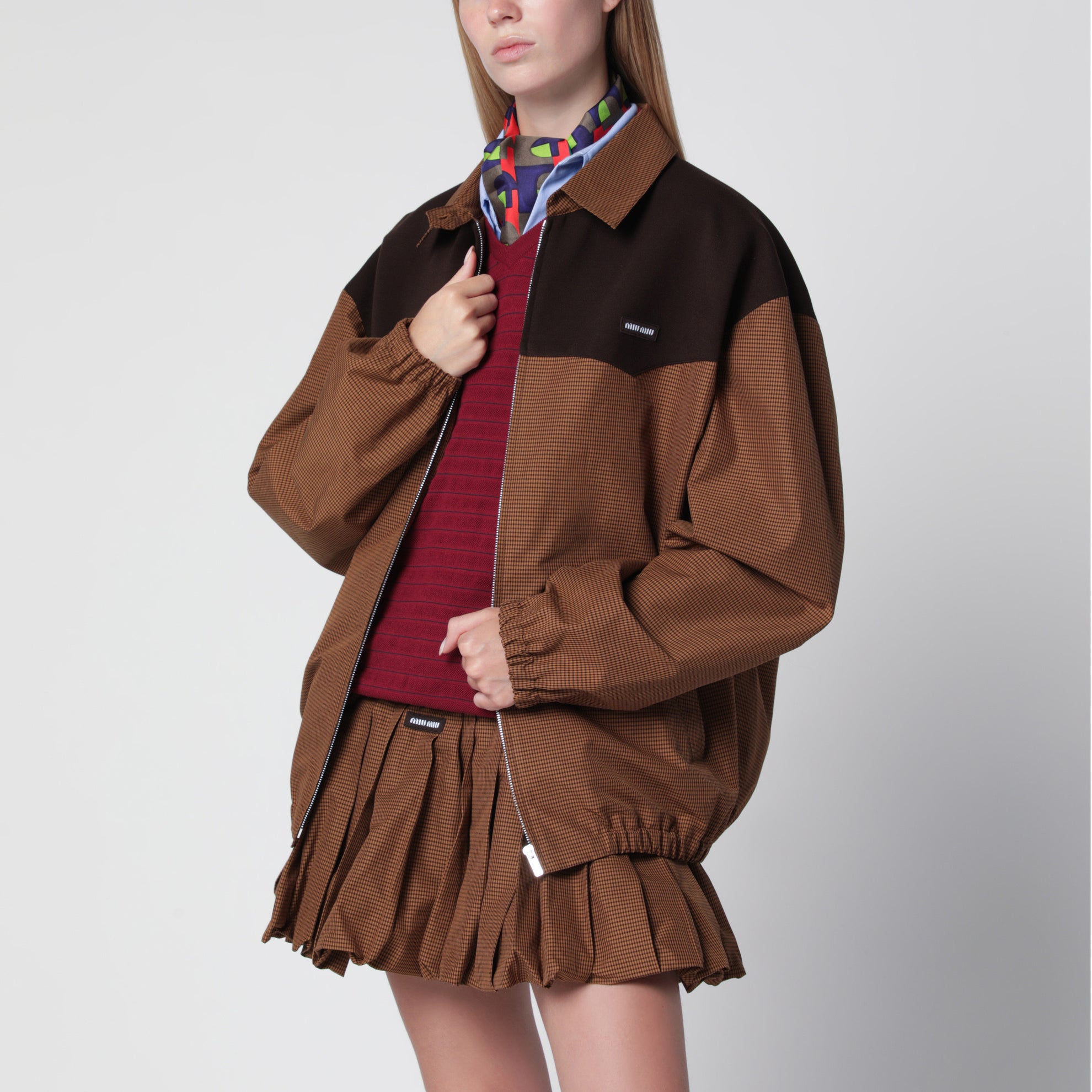 Oversized Vichy check blouson in caramel
