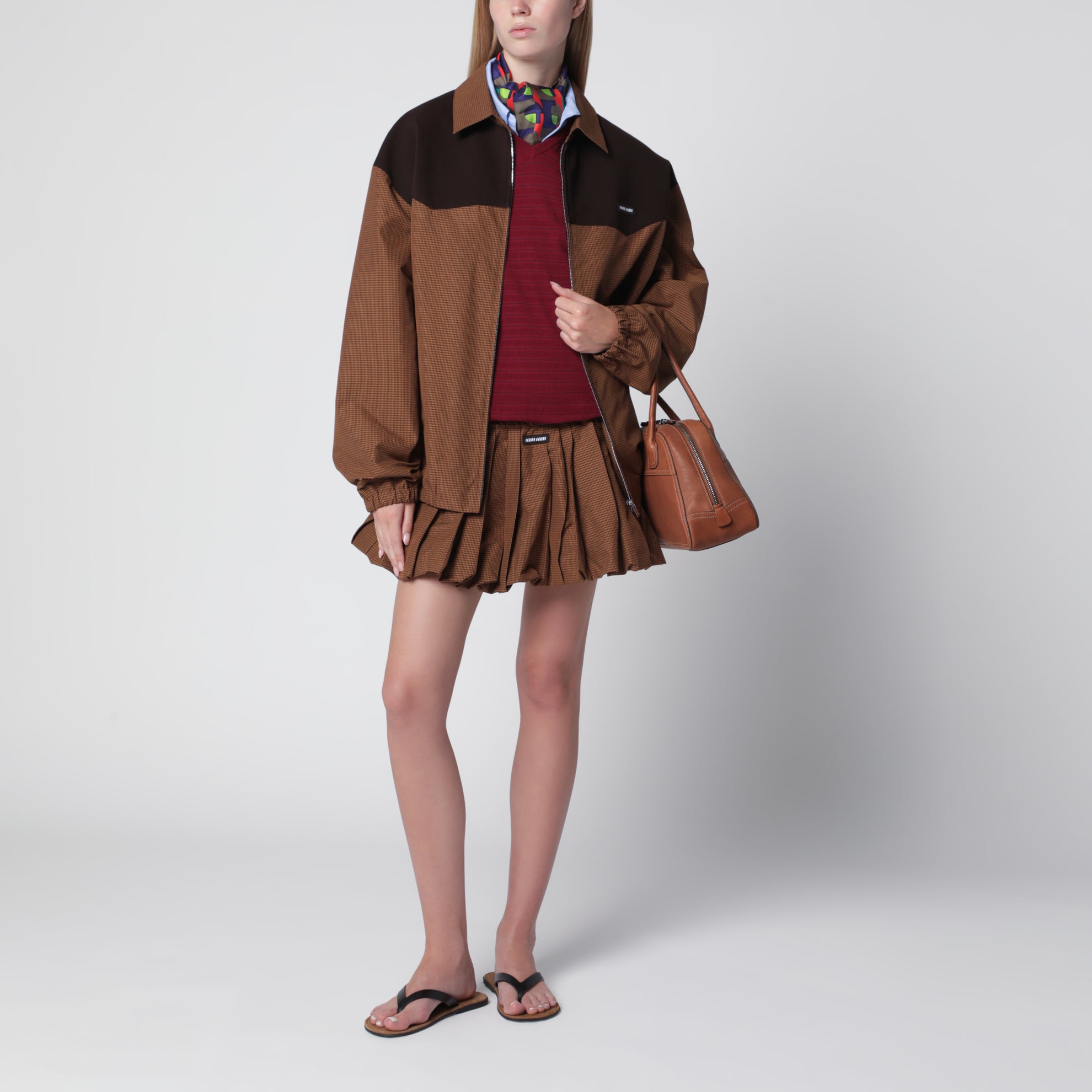 Oversized Vichy check blouson in caramel
