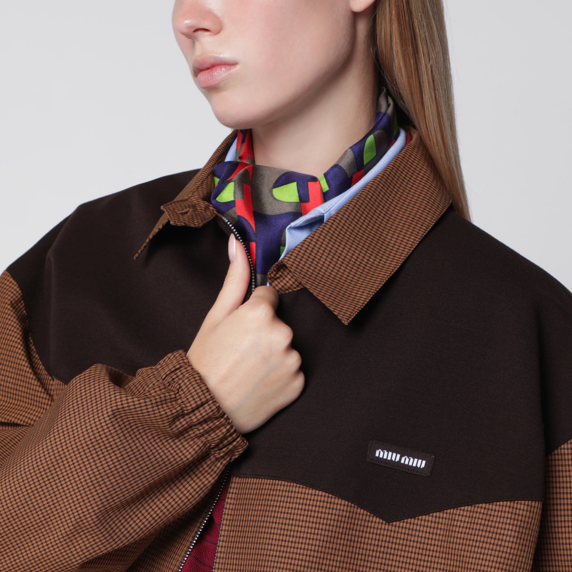 Oversized Vichy check blouson in caramel