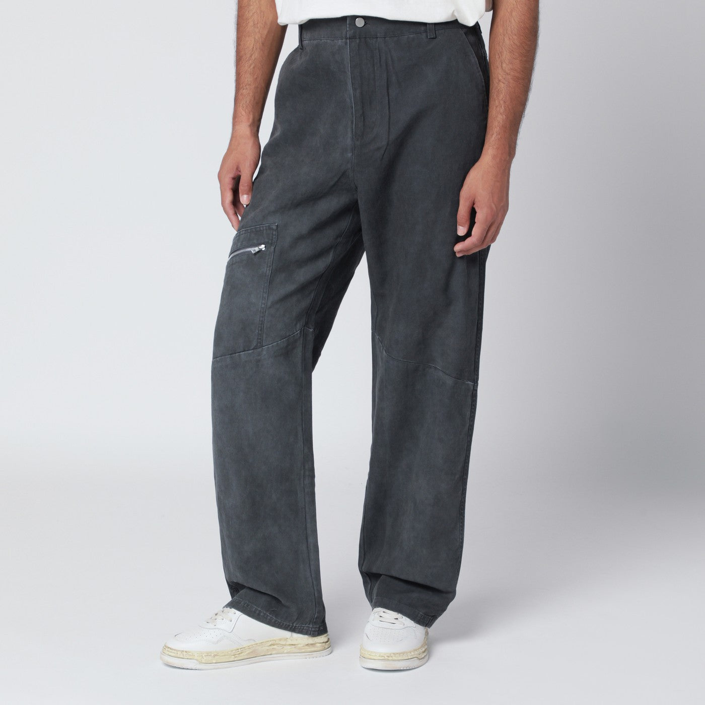 Washed-effect black cotton trousers