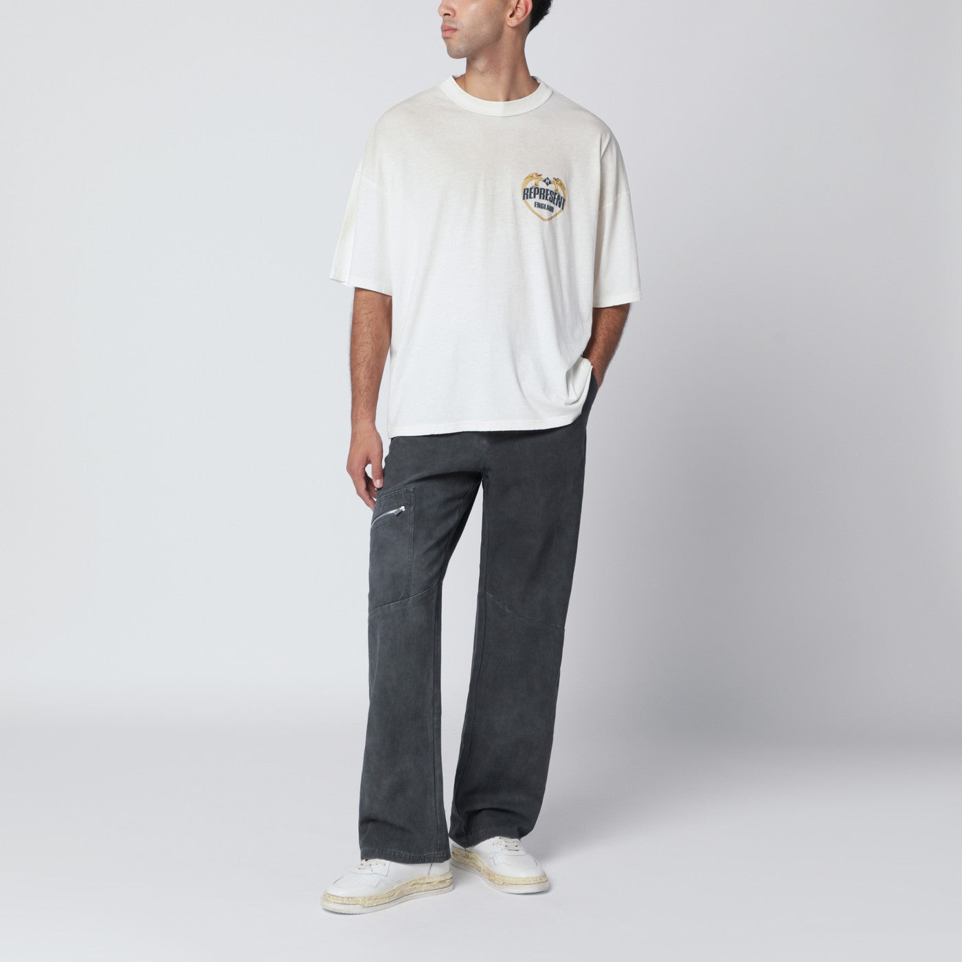 Washed-effect black cotton trousers