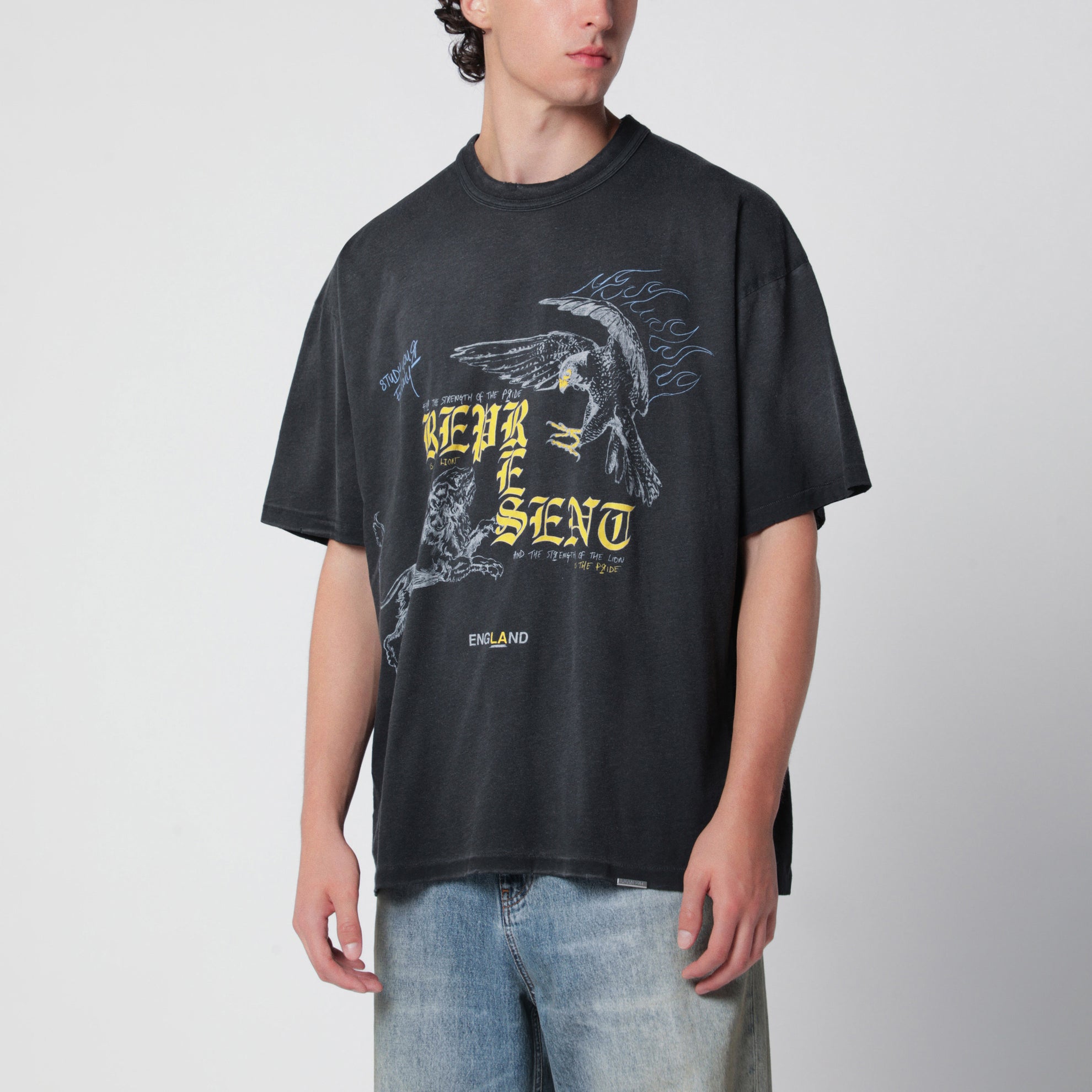 T-shirt noir délavé avec imprimé logo Eagle