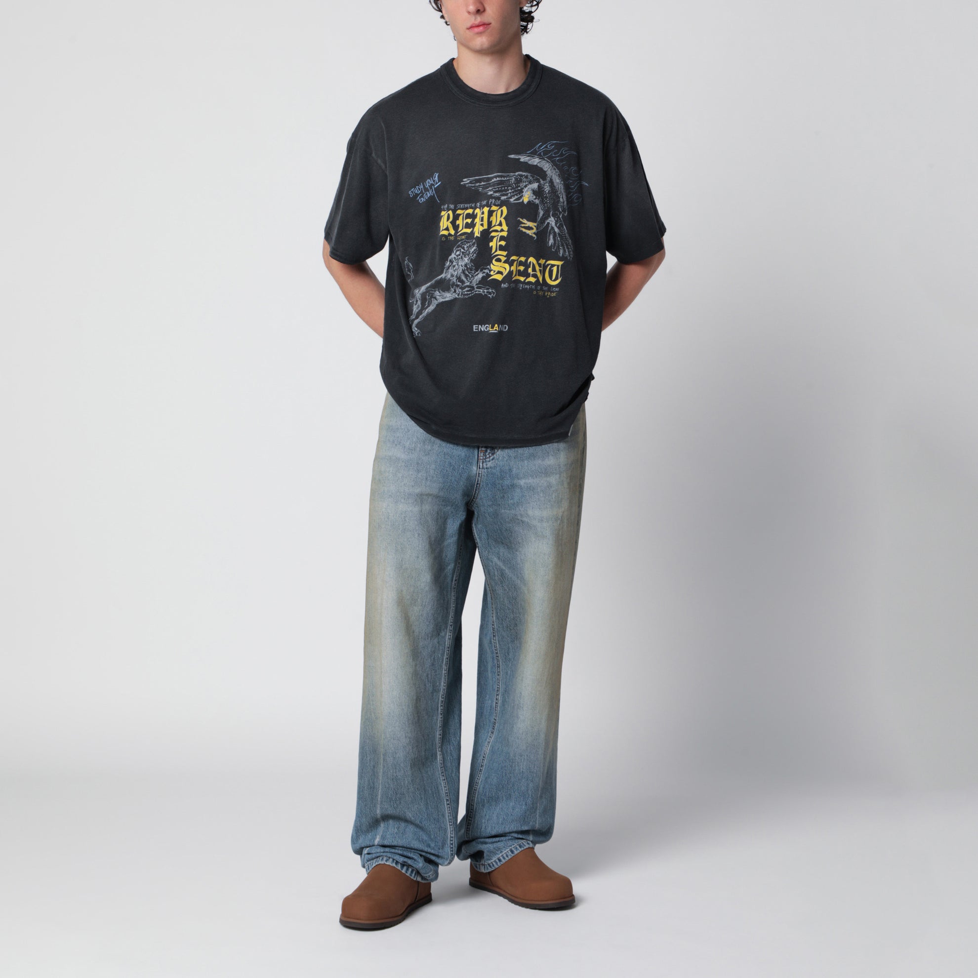 T-shirt noir délavé avec imprimé logo Eagle