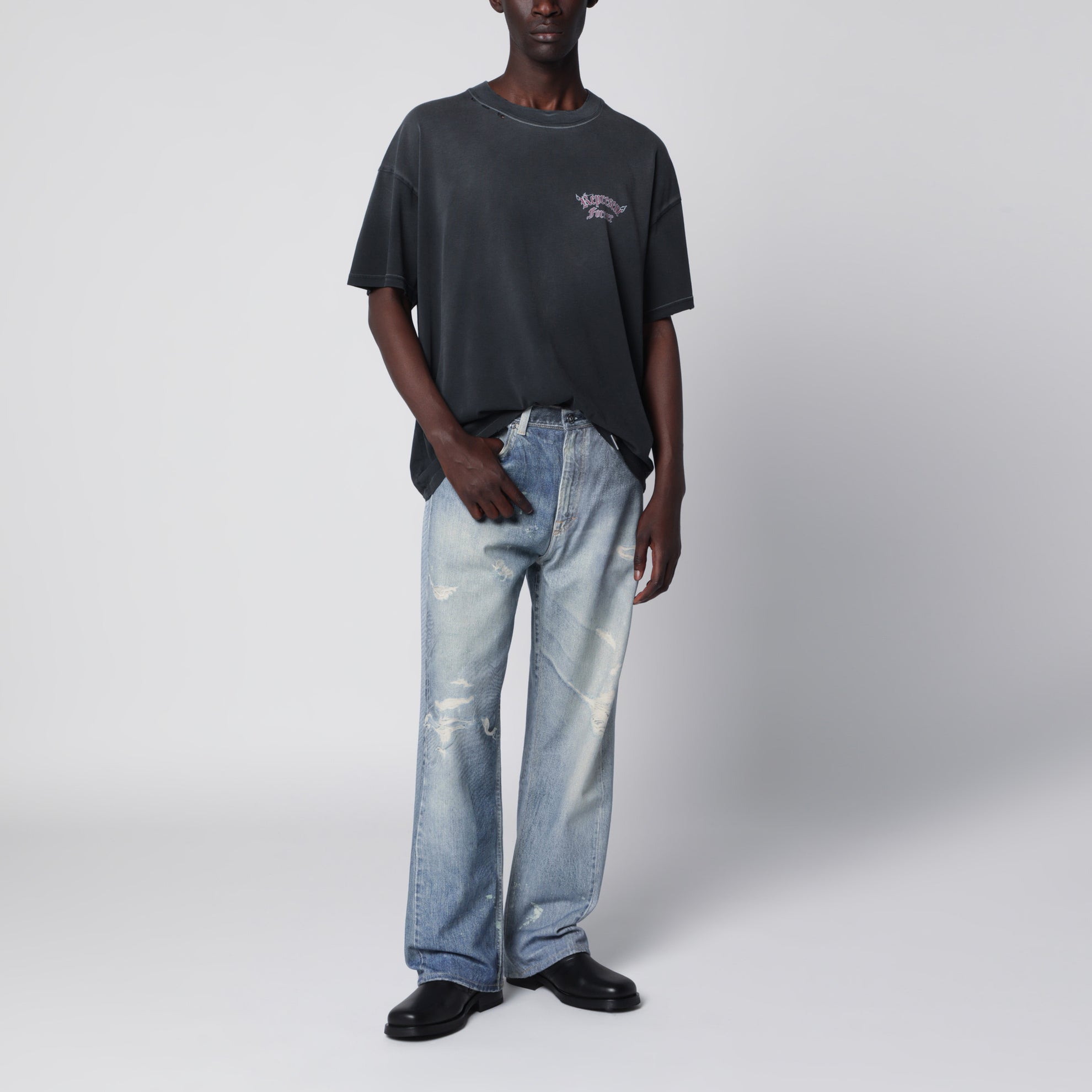 T-shirt en coton effet usé noir délavé