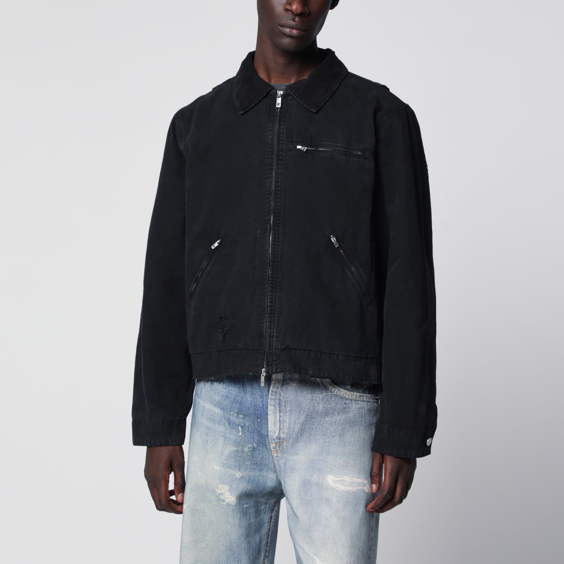 Long-sleeve zip-up cotton jacket in black